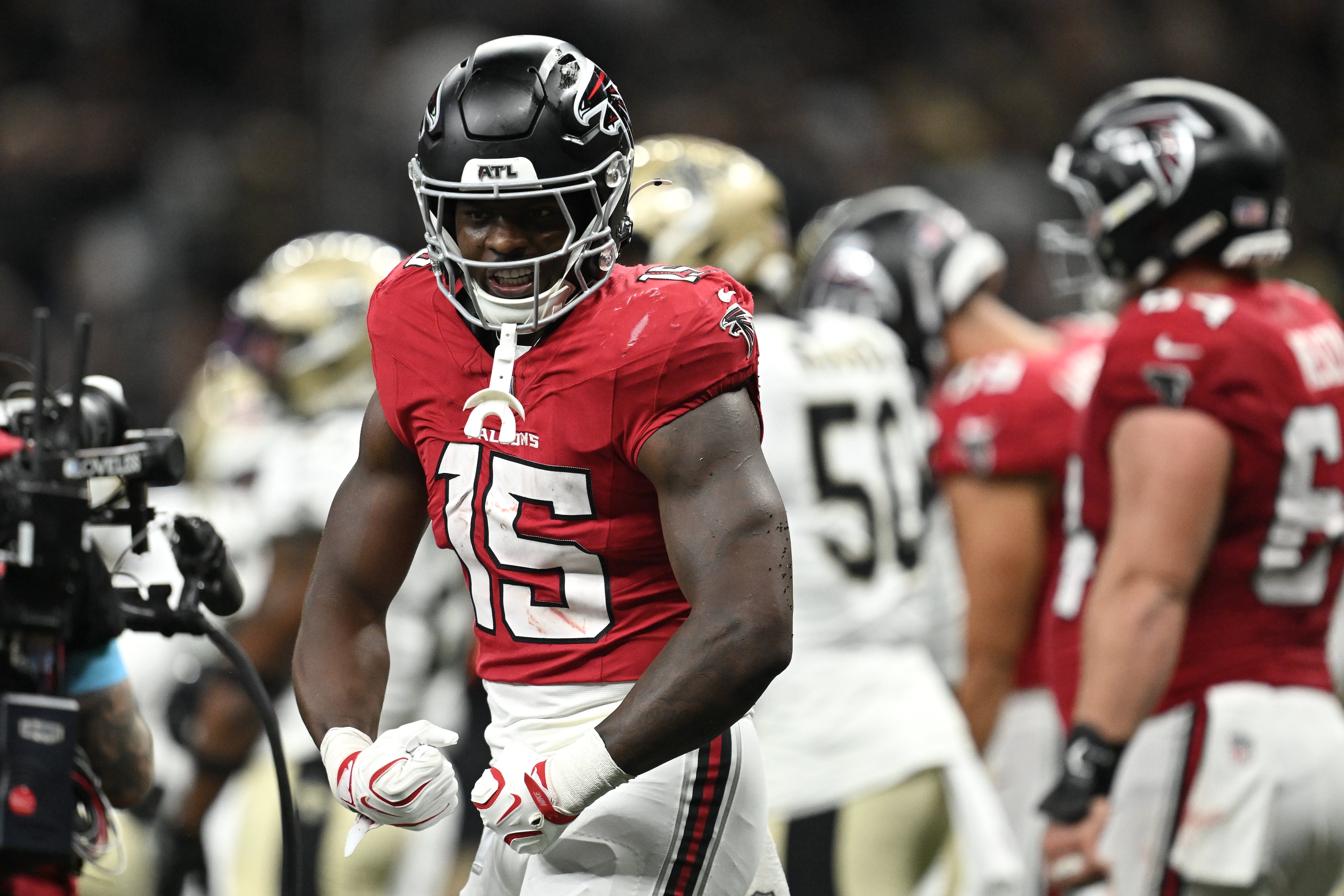 Atlanta Falcons running back Brian Robinson Jr. celebrates after scoring against the New Orleans Saints during the first half of an NFL football game in New Orleans, Monday, Oct. 5, 2026. (Ella Hall/AP)