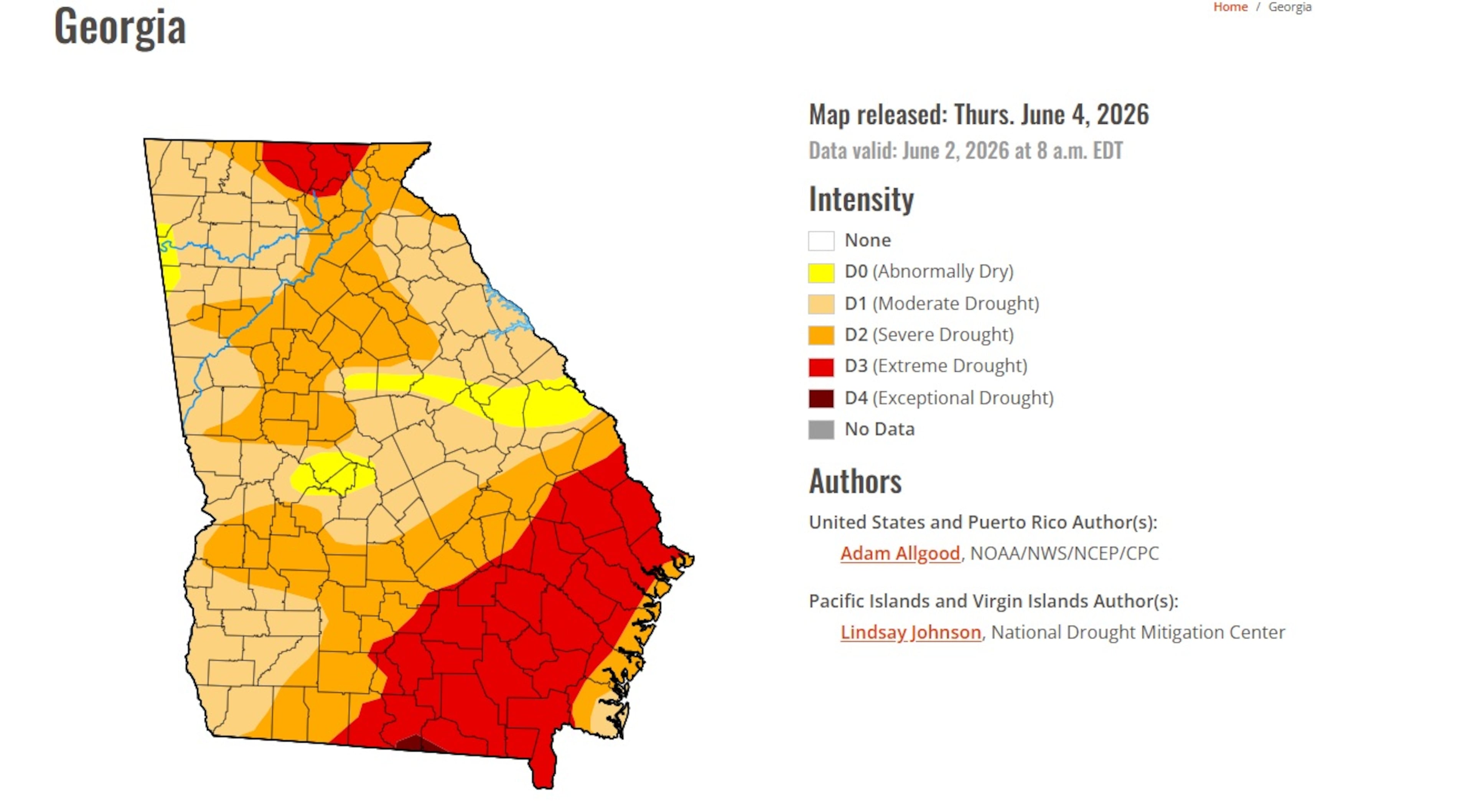 A map from the U.S. Drought Monitor showing the extent of the drought in Georgia. (Screenshot)
