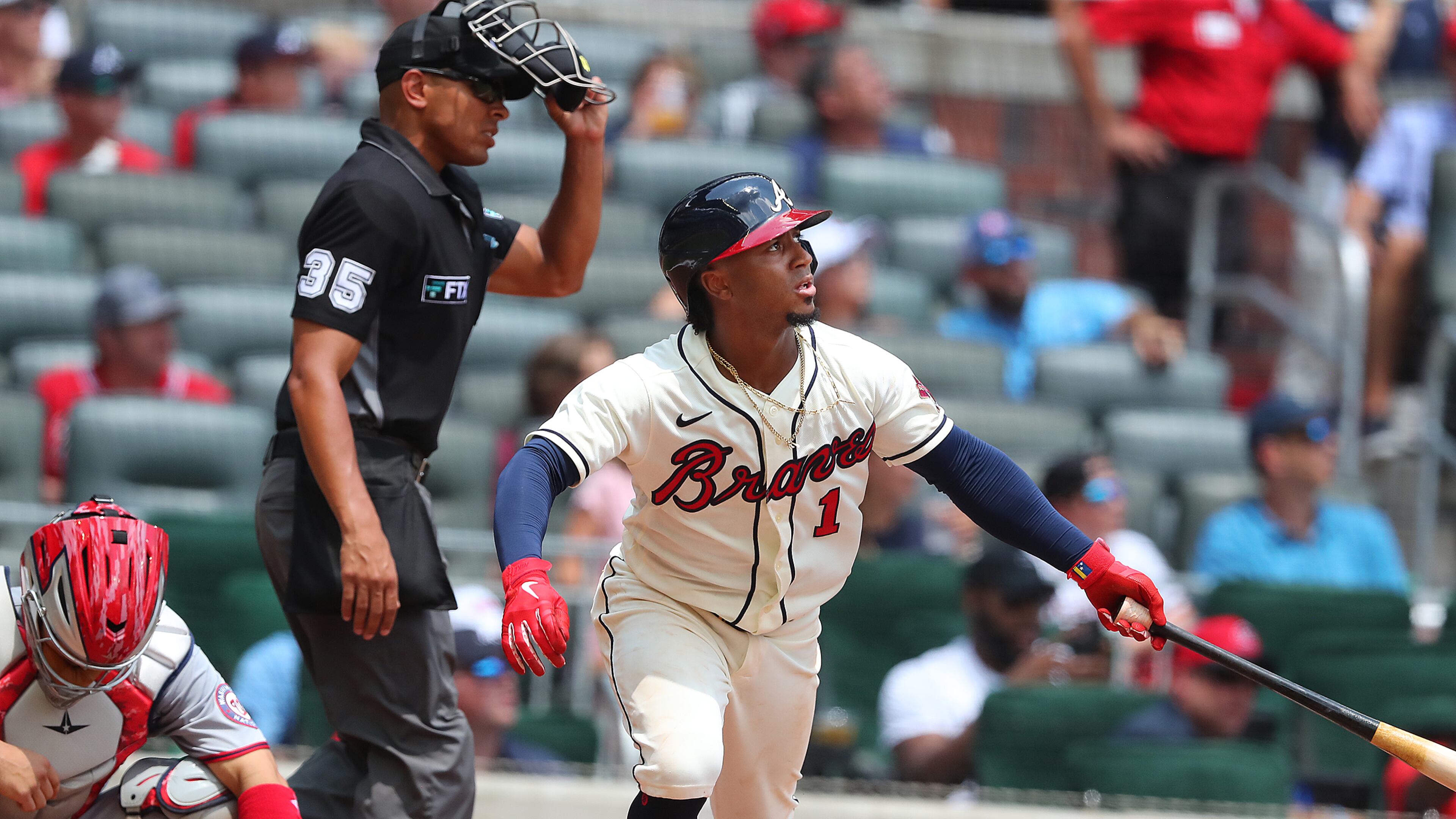 Braves second baseman Ozzie Albies hits a two-run home run to score Max Fried and give Atlanta a 2-0 lead over the Washington Nationals during the third inning Sunday, Aug. 8, 2021, at Truist Park in Atlanta. (Curtis Compton / Curtis.Compton@ajc.com)