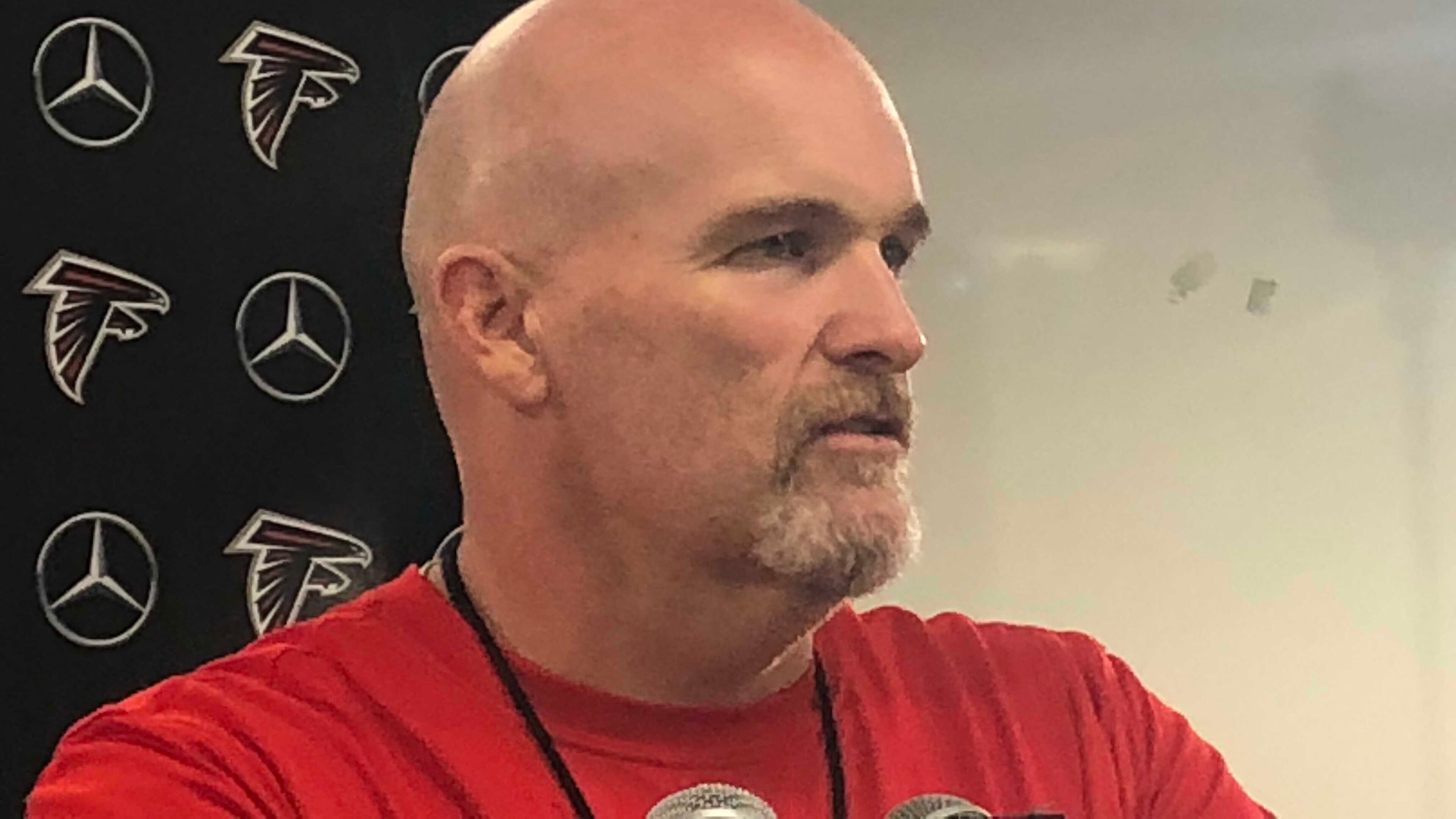 Falcons coach Dan Quinn addressing the media on Wednesday, Oct. 10, 2018 in Flowery Branch before practice. (D. Orlando Ledbetter/dledbetter@ajc.com)