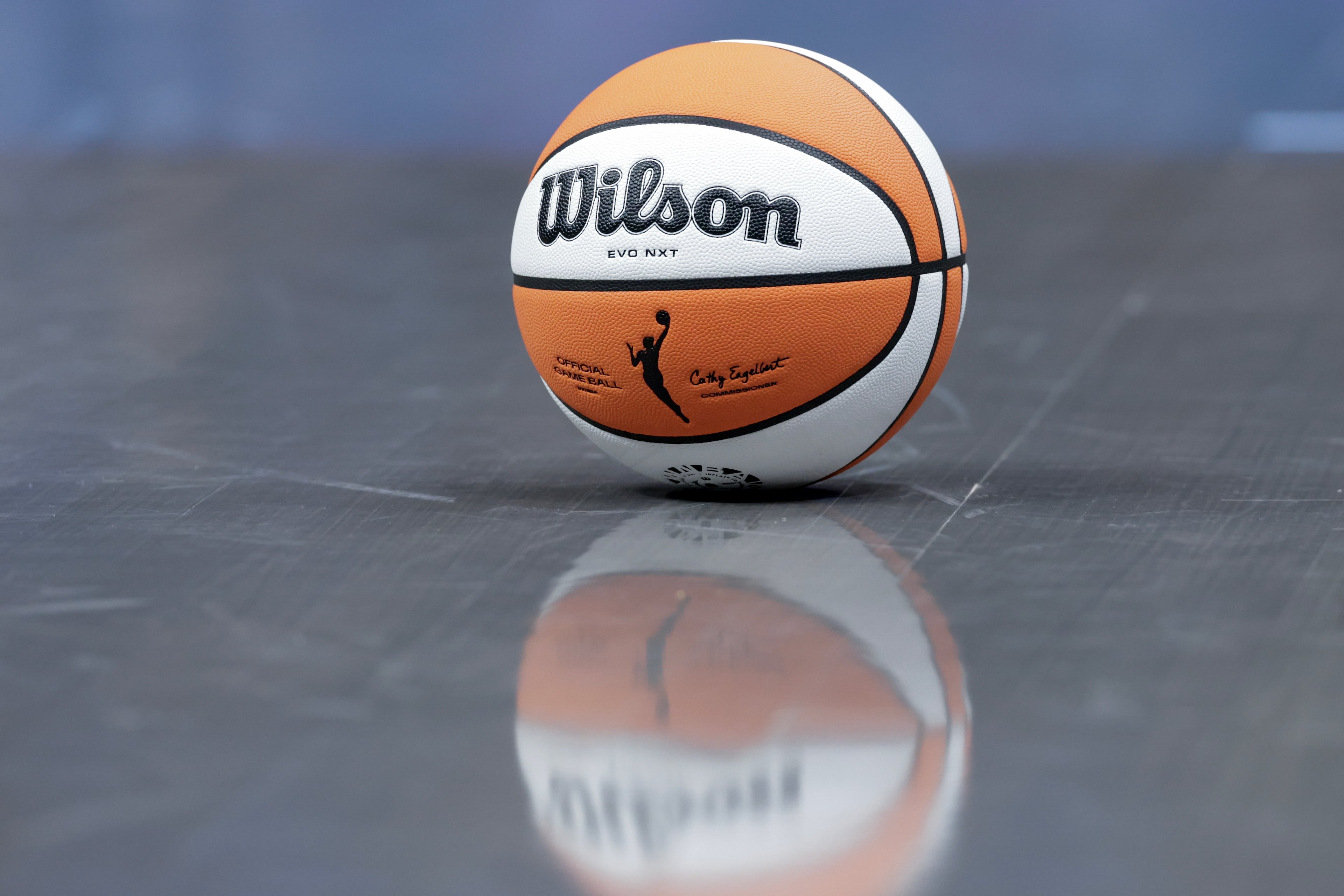 A game ball on the court during a timeout during the second half of a WNBA semifinal playoff game 1 between the Atlanta Dream and the New York Liberty, Sunday, Oct. 4, 2026, in Atlanta. (Erik S. Lesser for the AJC)