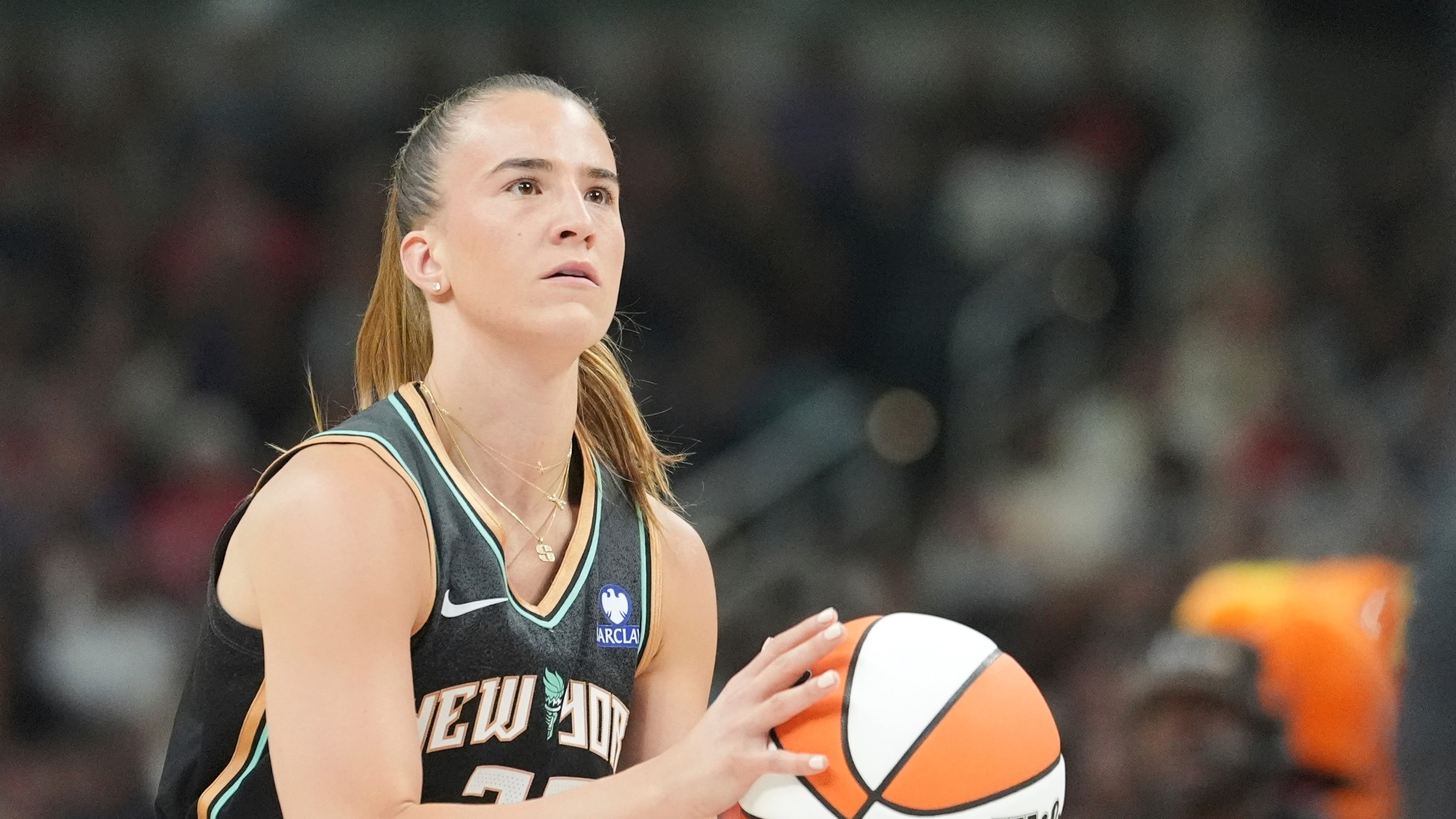 FILE - New York Liberty's Sabrina Ionescu shoots during the 3-point contest at the WNBA All-Star basketball weekend, July 18, 2025, in Indianapolis. (AP Photo/Michael Conroy, File)
