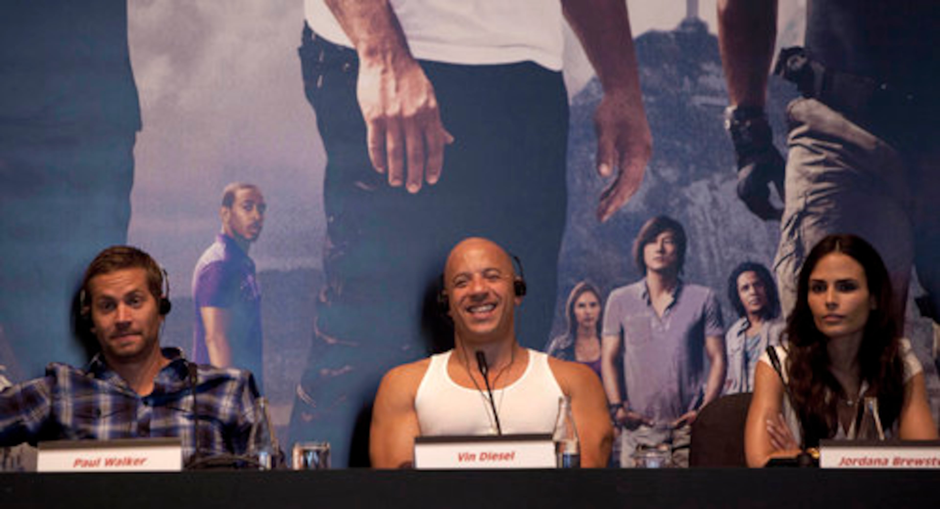 Actors from the film "Fast Five," from left, Paul Walker, Vin Diesel and Jordana Brewster give a press conference promoting their movie in Rio de Janeiro, Brazil, Wednesday April 13, 2011.
