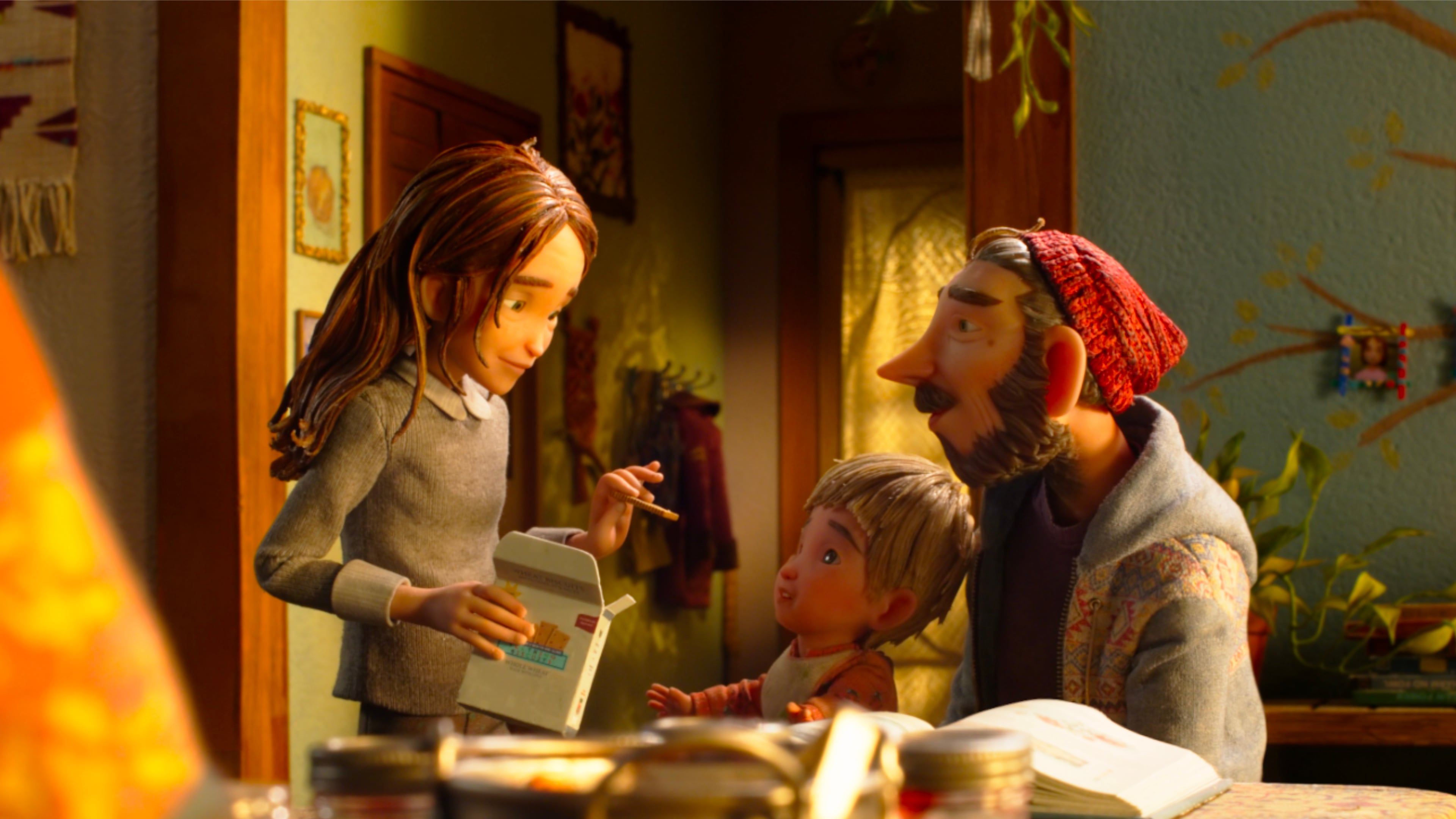 This image released by LAIKA Studios shows characters, from left, Prue McKeel, voiced by Peyton Elizabeth Lee, Mac, voiced by Arthur Knight, and Mr. McKeel, voiced by Jake Johnson, in a scene from the film "Wildwood." (LAIKA Studios via AP)
