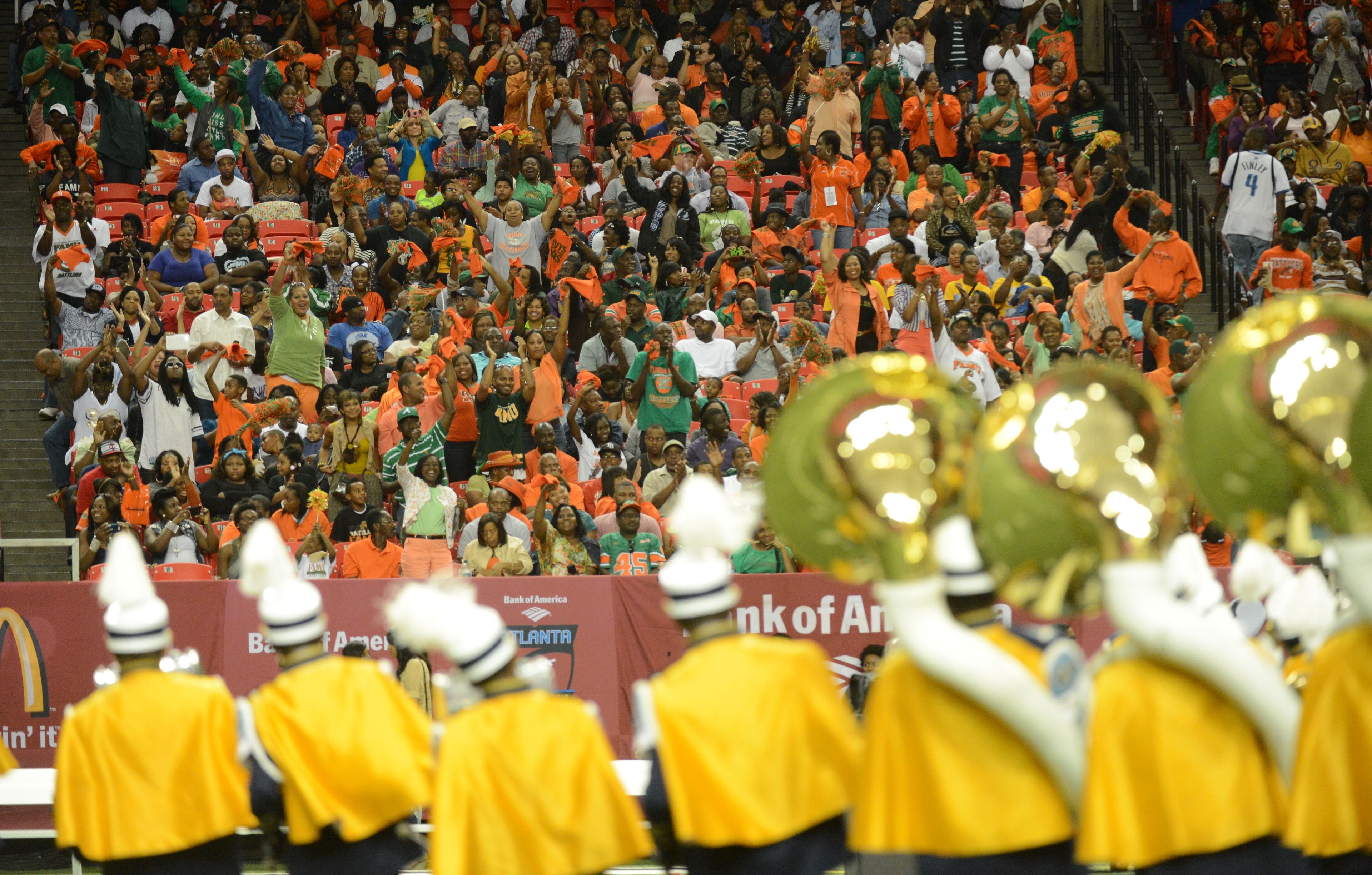 Florida A&M fans cheer as members of Southern band form 'FAMU' in recognition of the FAMU band that has been suspended for the year.