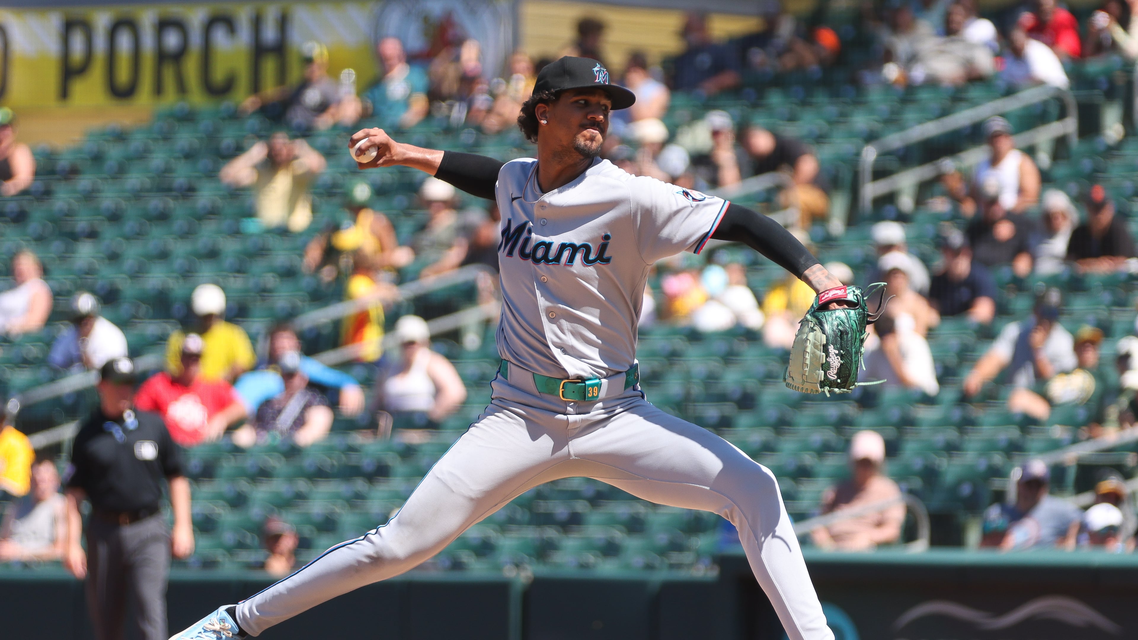 Miami Marlins pitcher Eury Pérez throws to an Athletics batter during the sixth inning of a baseball game Sunday, July 5, 2026, in West Sacramento, Calif. (AP Photo/Scott Marshall)