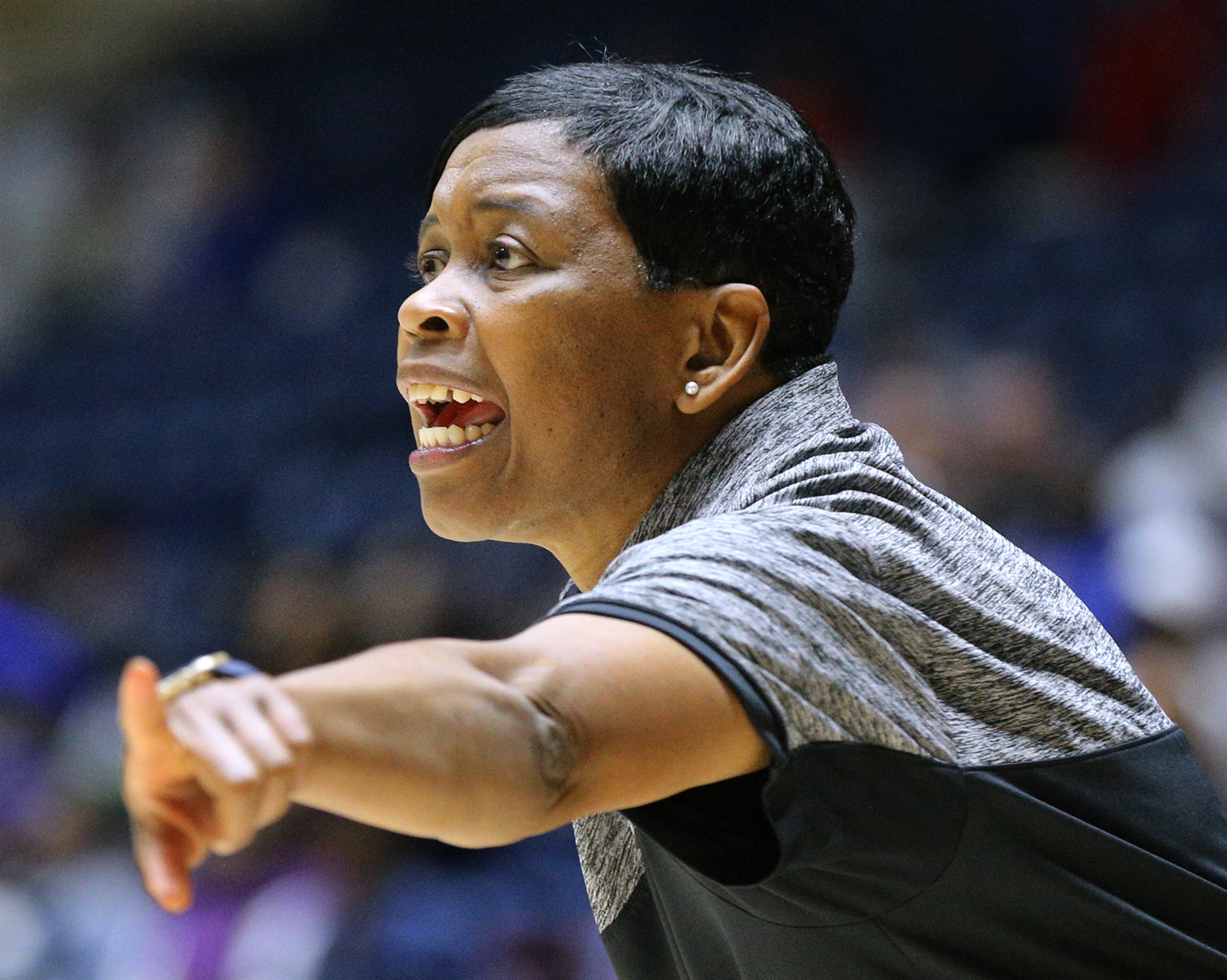 GAC head coach Lady Grooms encourages her team as they attempt a come back in the final minutes against Johnson-Savannah in their GHSA state basketball championship game on Thursday, March 8, 2018, in Macon. Curtis Compton/ccompton@ajc.com