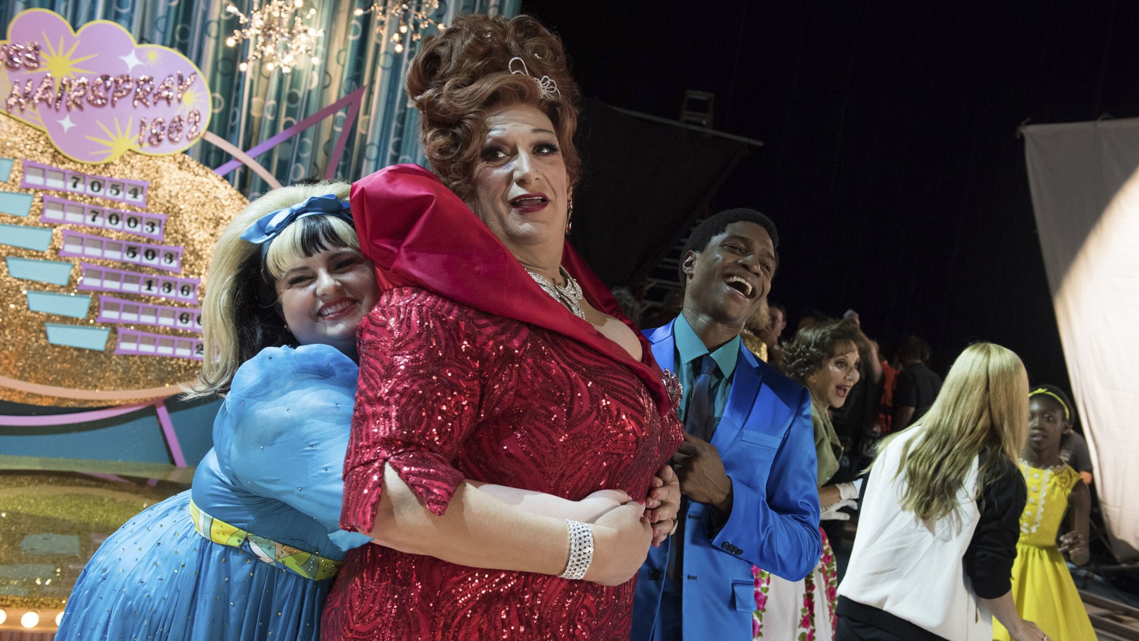 Maddie Baillio (from left) as Tracy Turnblad, Harvey Fierstein as Edna Turnblad, Ephraim Sykes as Seaweed J. Stubbs star in the television special “Hairspray Live!” (Colleen Hayes/NBC/TNS)