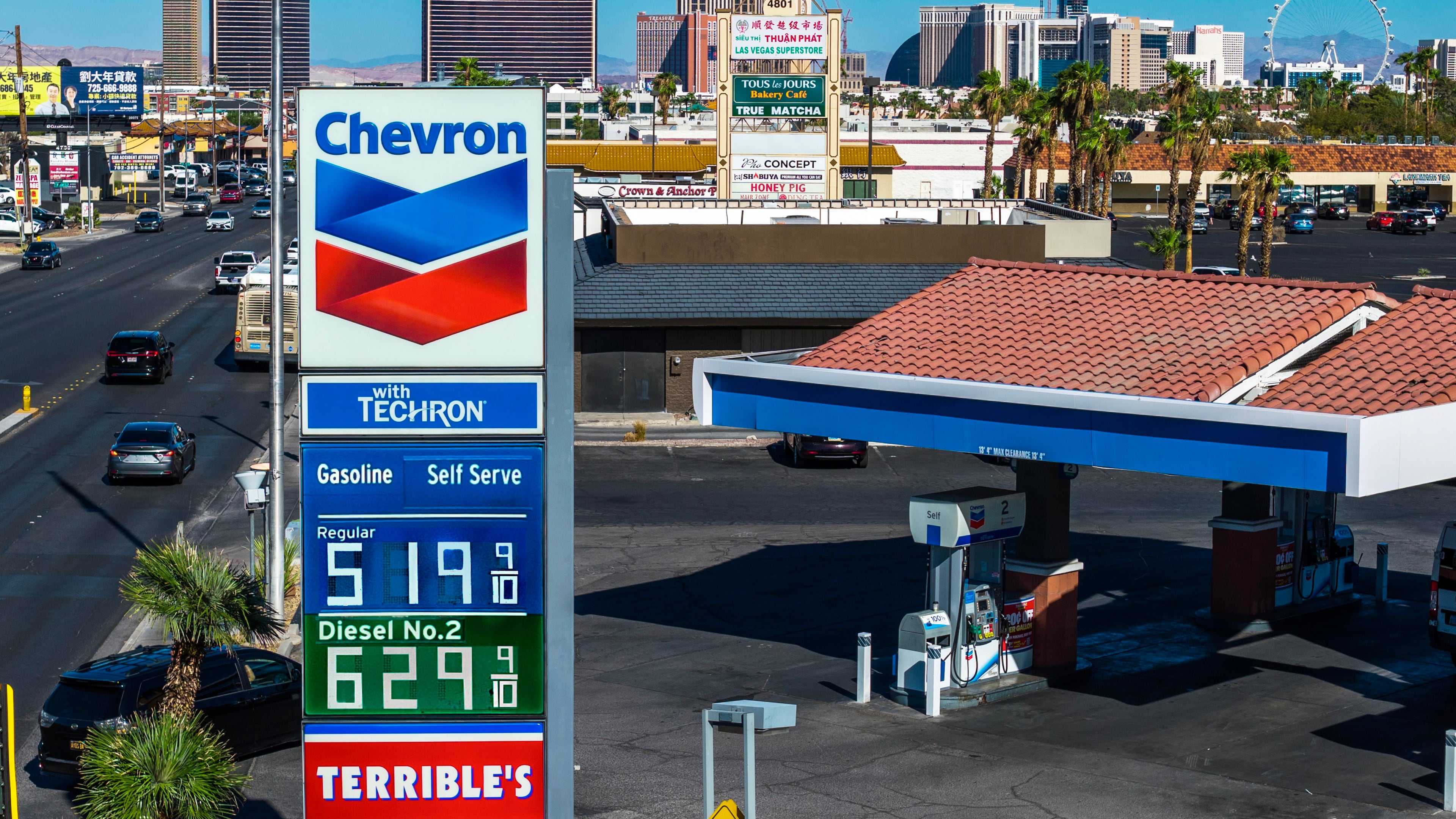 Chevron gas station prices are displayed in Las Vegas on Thursday, Sept. 3, 2026 (L.E. Baskow/Las Vegas Review-Journal via AP)