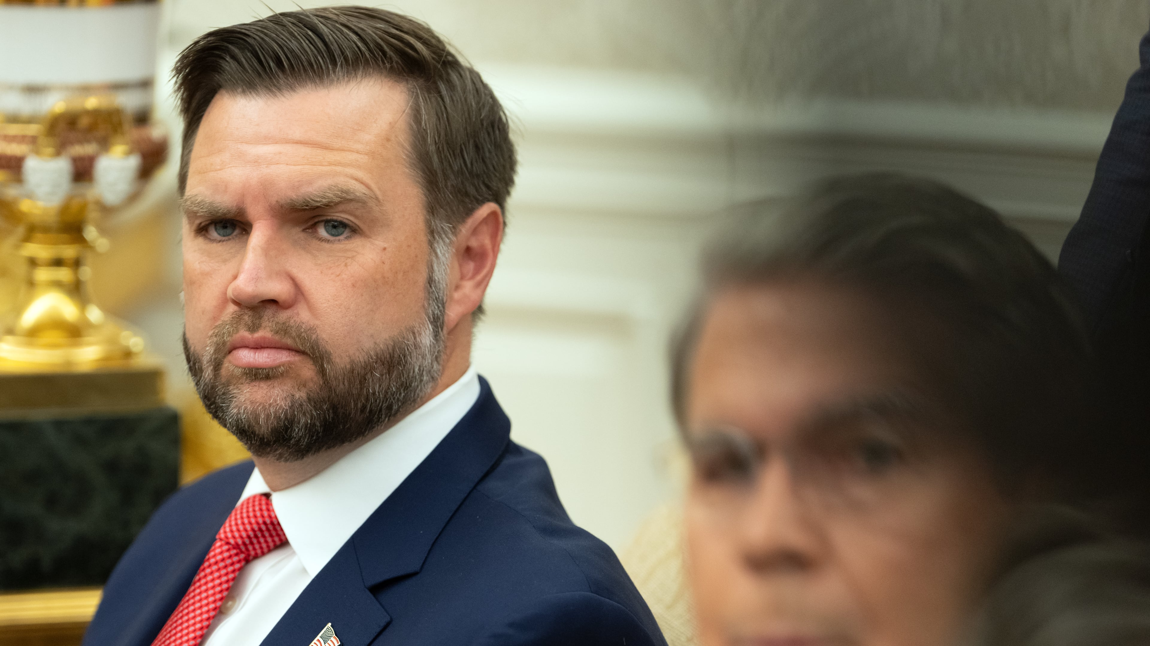 Vice President JD Vance listens as President Donald Trump meets with Lebanese President Joseph Aoun in the Oval Office at the White House, Tuesday, July 21, 2026, in Washington. (AP Photo/Mark Schiefelbein)