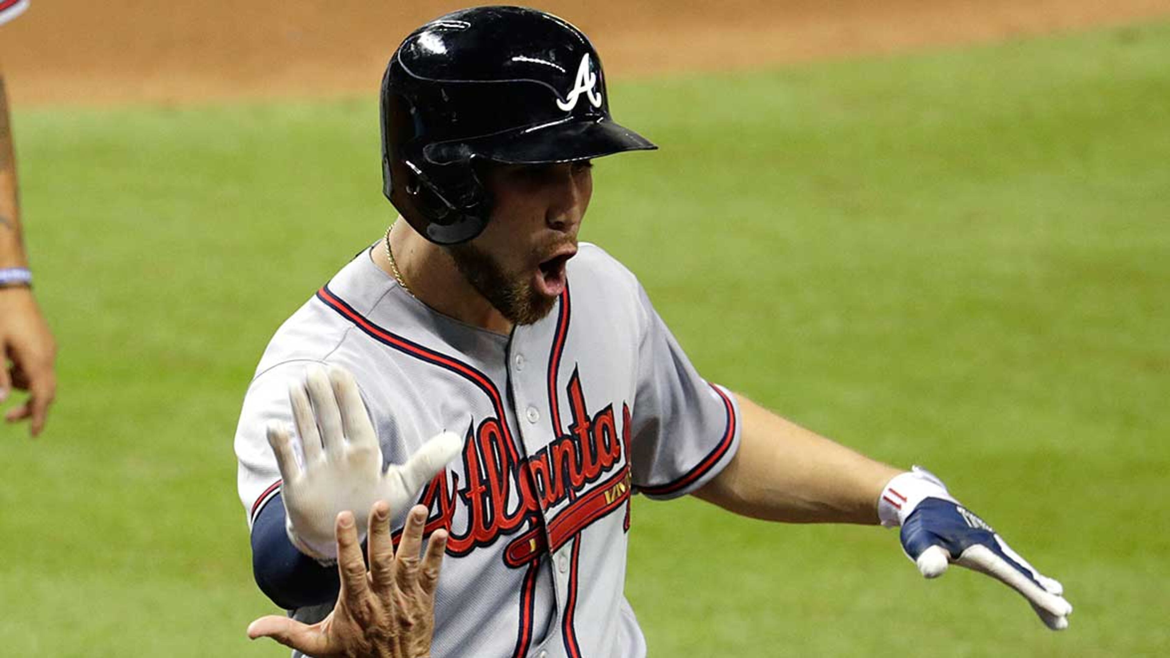 Ender Inciarte celebrates after the second of his two home runs in Wednesday's 5-4 victory over the Marlins.
