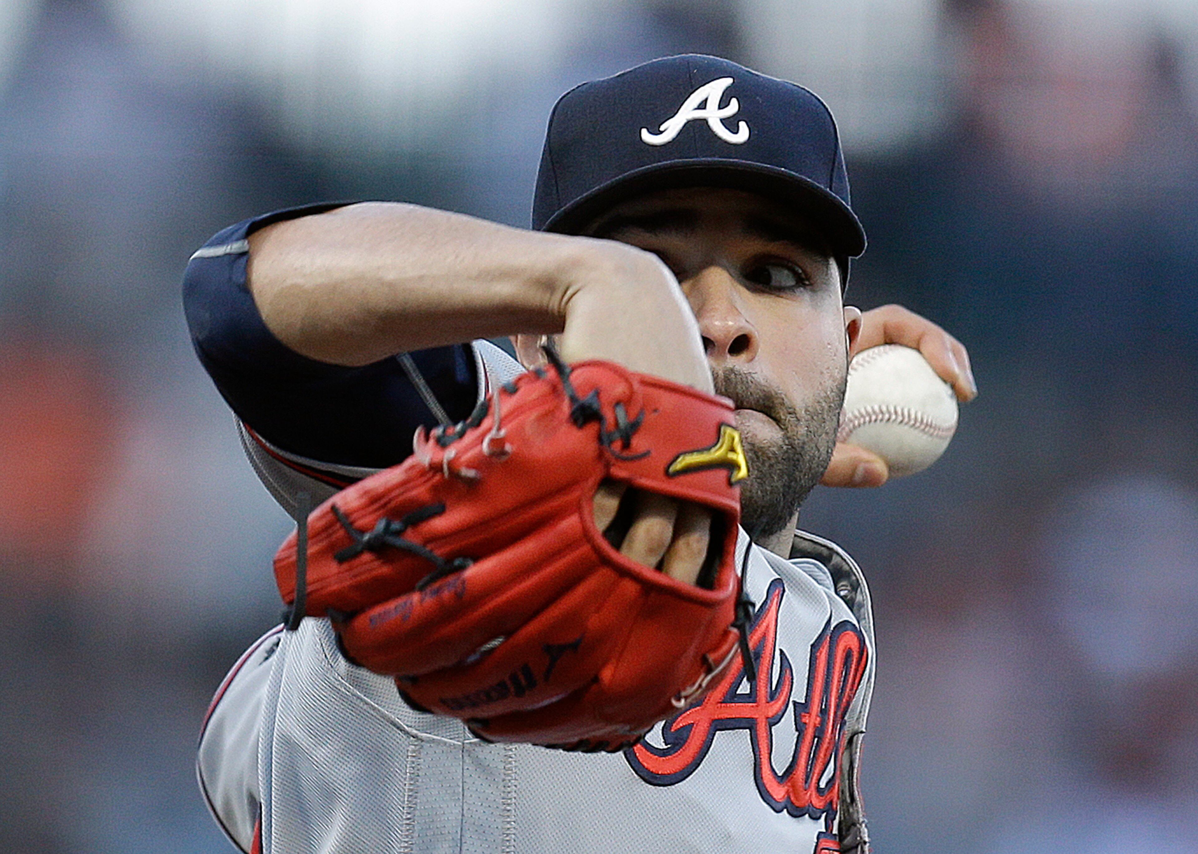 Atlanta Braves pitcher Jaime García works against the San Francisco Giants in the first inning of a baseball game Friday, May 26, 2017, in San Francisco. (AP Photo/Ben Margot)