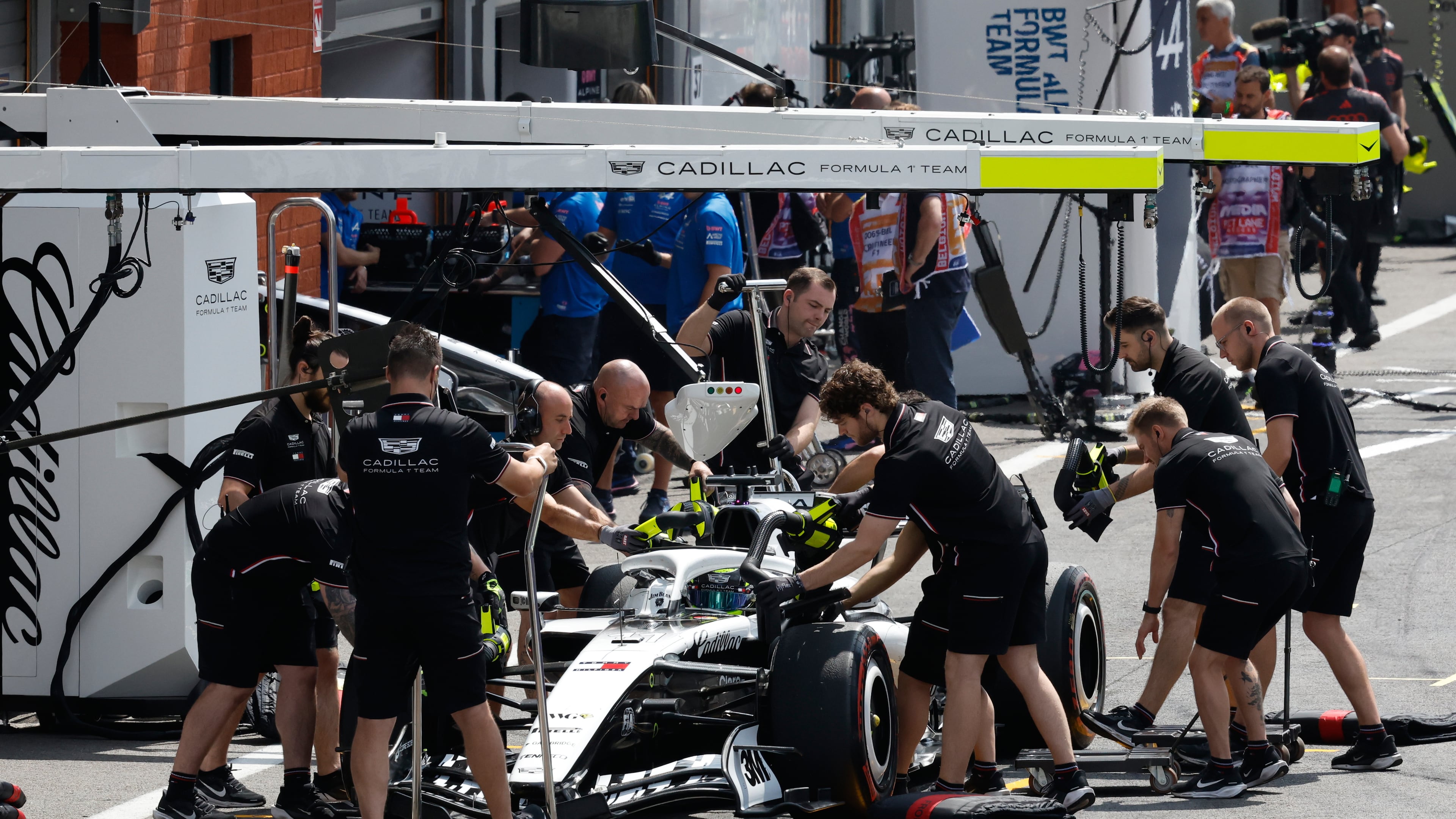 Cadillac driver Sergio Perez of Mexico pulls into the pit area during free practice ahead of the Formula One Grand Prix at the Spa-Francorchamps racetrack in Spa, Belgium, Saturday, July 18, 2026. (AP Photo/Geert Vanden Wijngaert)