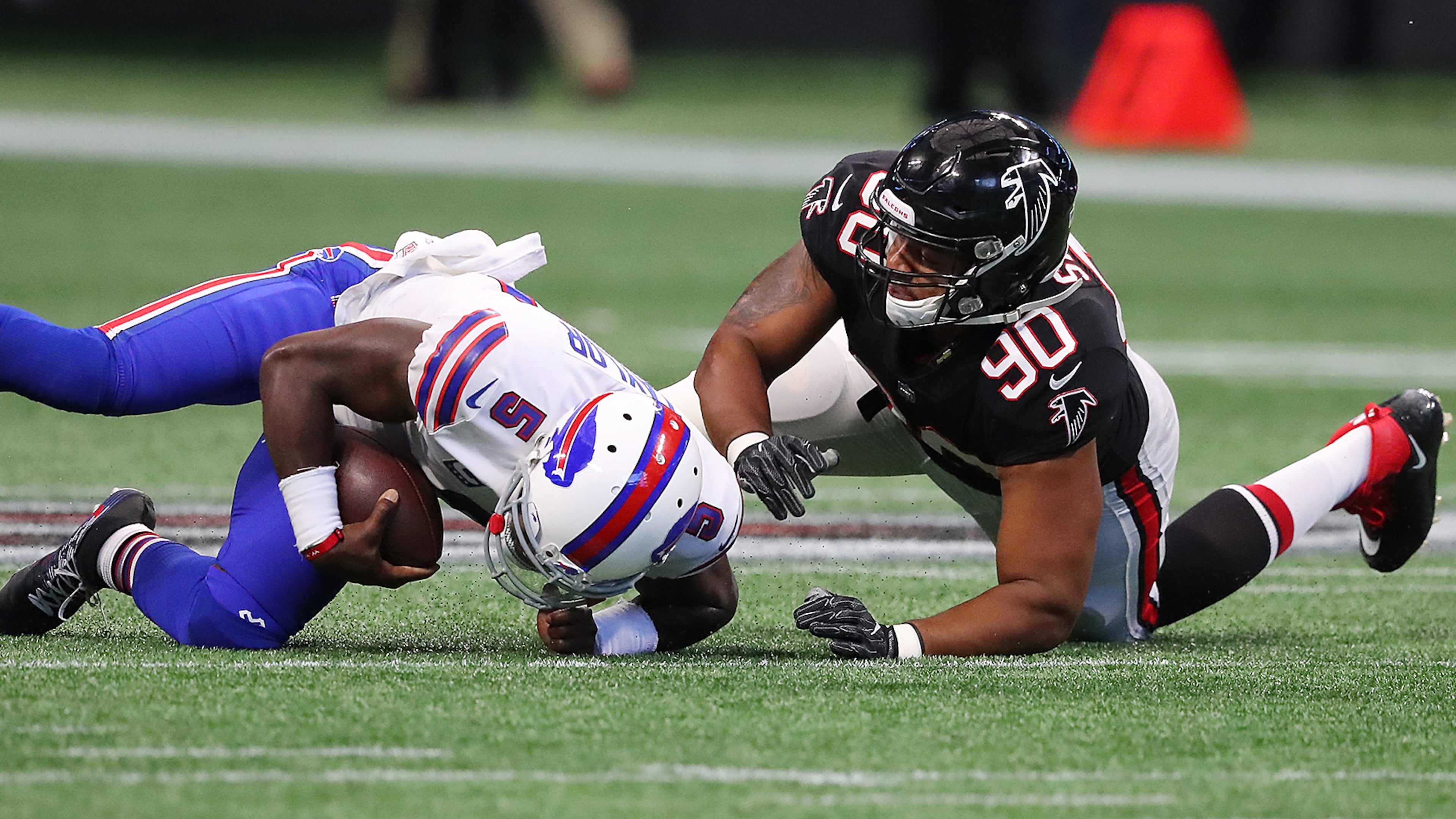 Falcons defensive end Derrick Shelby sacks Bills quarterback Tyrod Taylor during the first half in a NFL football game on Sunday, October 1, 2017, in Atlanta. Curtis Compton/ccompton@ajc.com