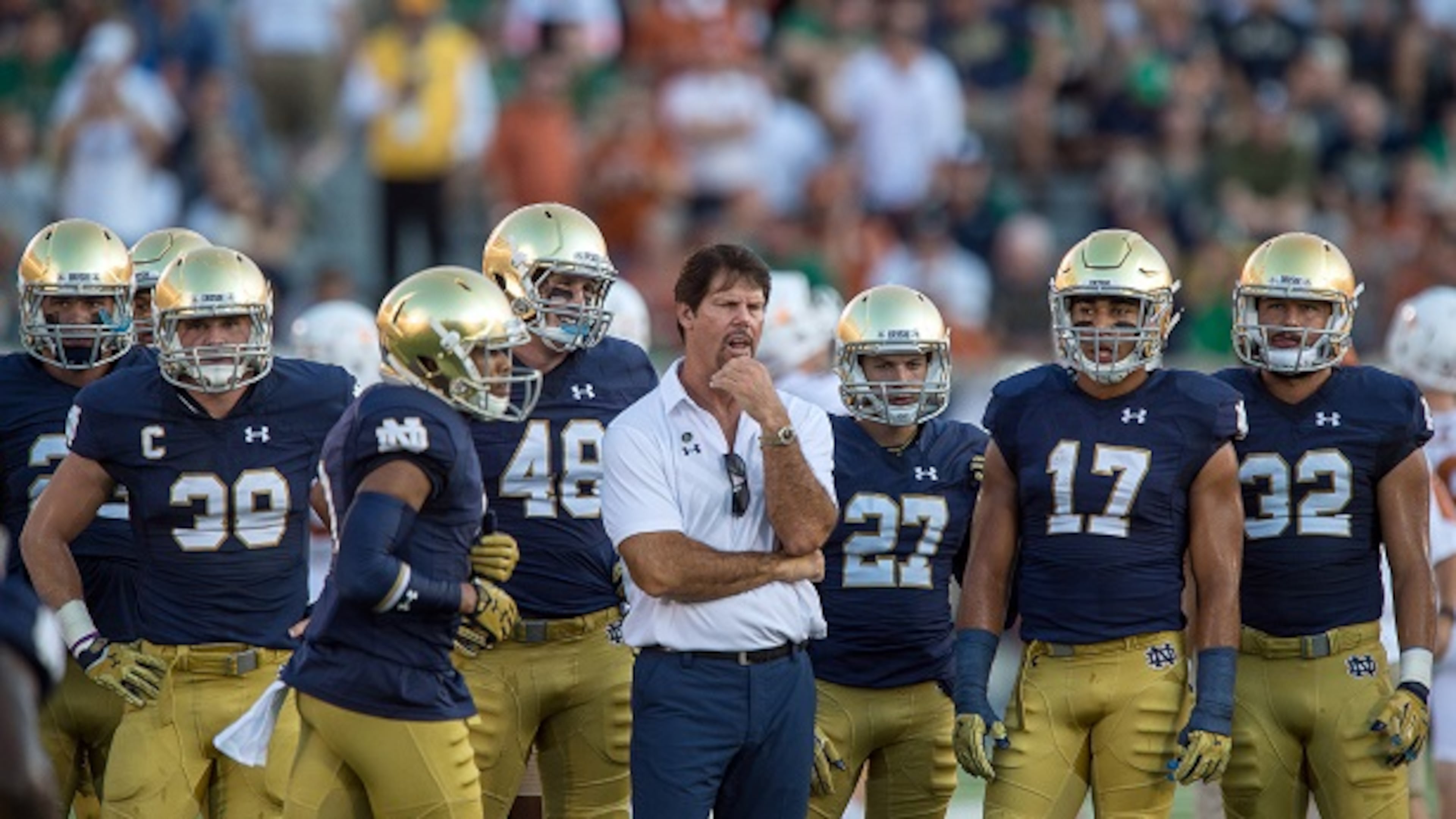05 September 2015: Notre Dame Fighting Irish defensive coordinator Brian VanGorder stands with his players in action during a game between the Notre Dame Fighting Irish and the Texas Longhorns at Notre Dame Stadium in South Bend, IN. (Icon Sportswire via AP Images)