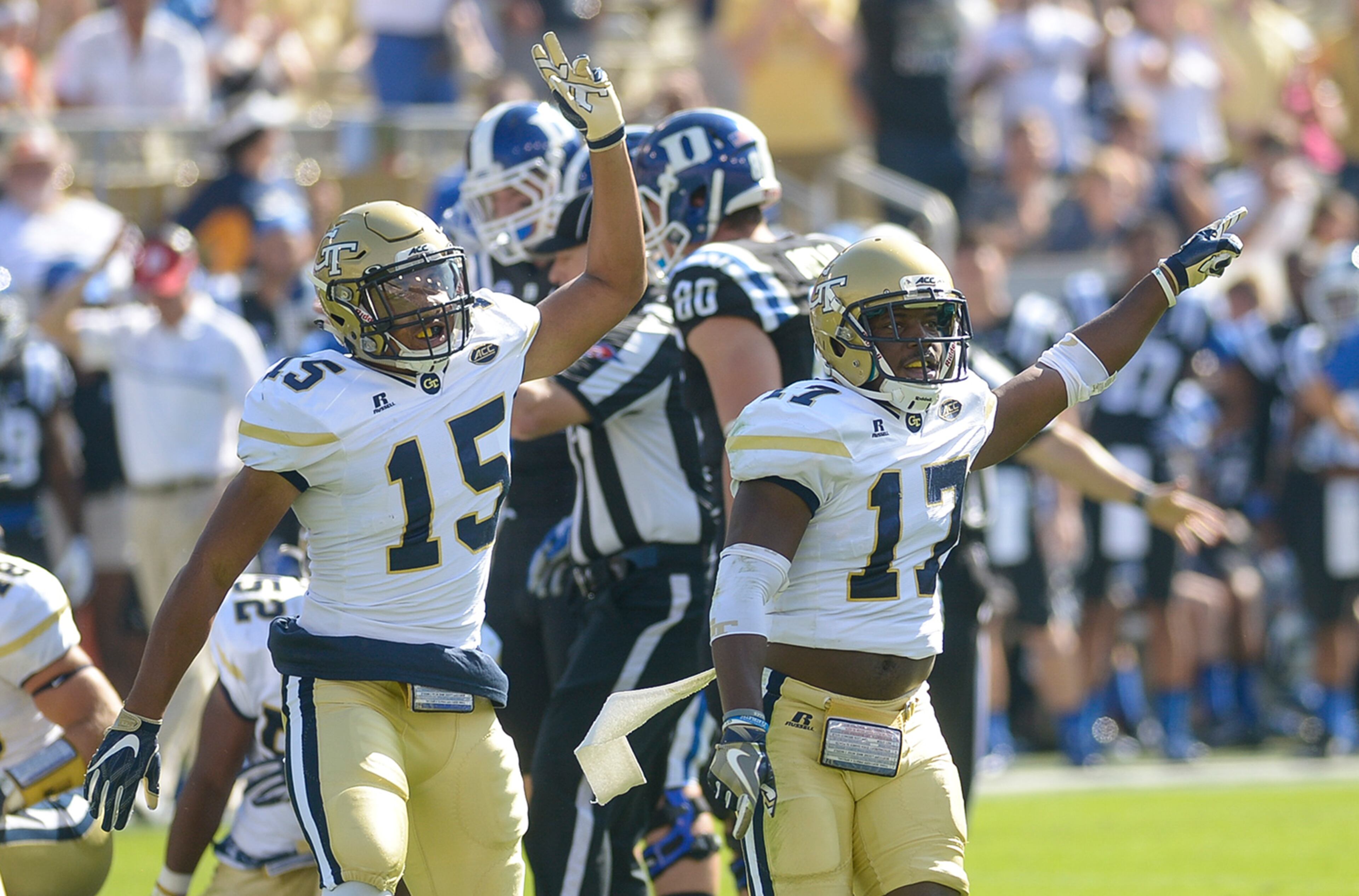 Atlanta, Ga. -- Sophomore DB A.J. Gray (15) and junior DB Lance Austin (17) signal a turnover after a play in the first half of the game Saturday, October 29, 2016. SPECIAL/Daniel Varnado