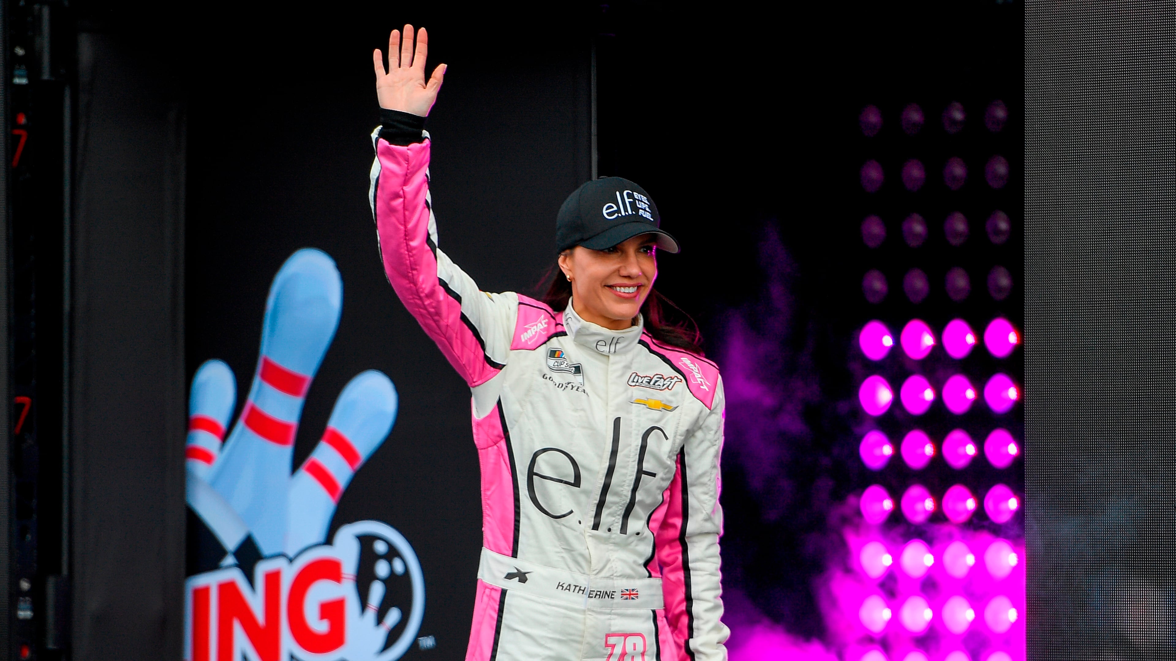 FILE - Katherine Legge (78) is introduced before a NASCAR Cup Series auto race on May 10, 2026, in Watkins Glen, N.Y. (Photo/Adrian Kraus, File)