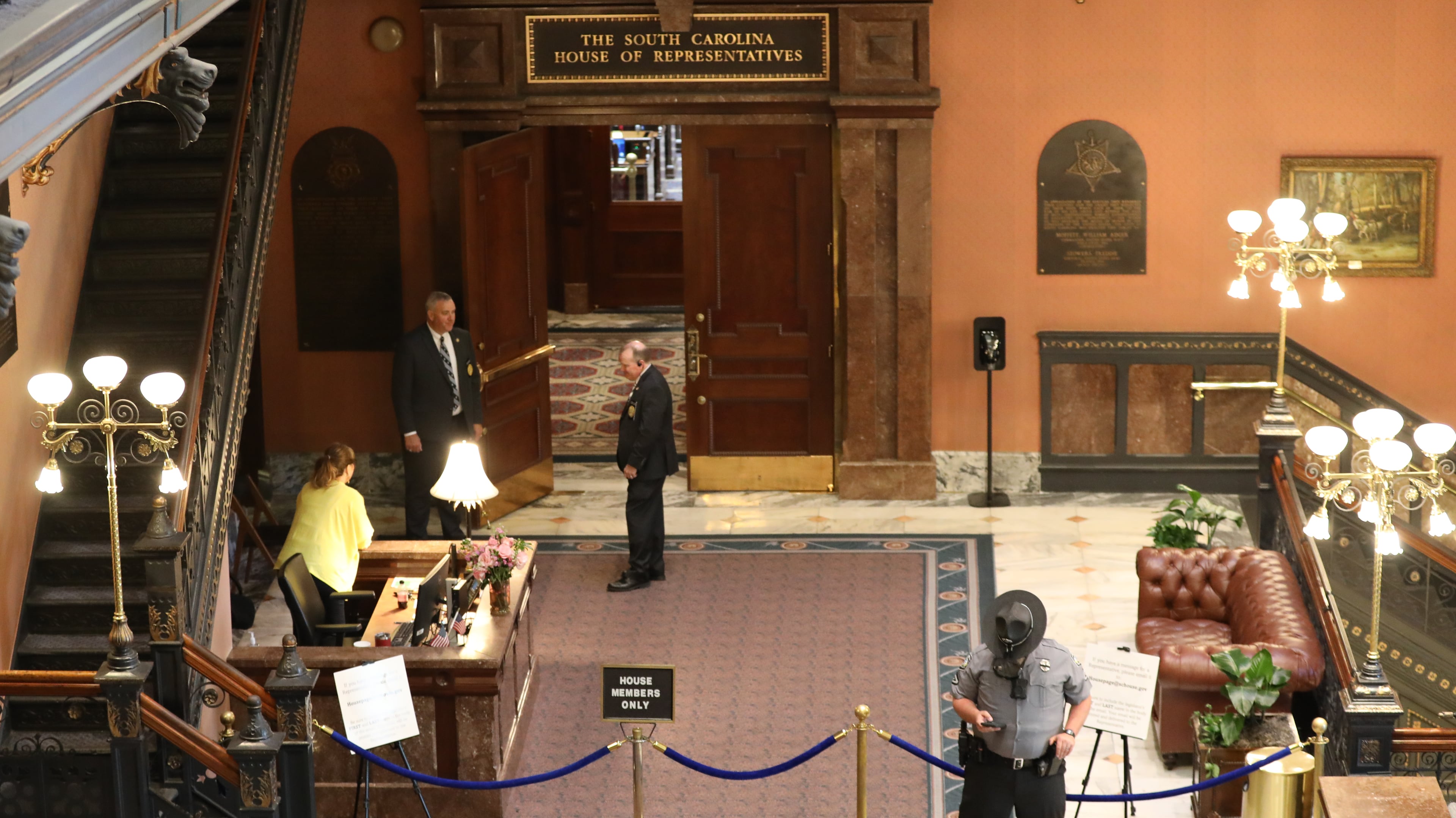 The South Carolina House chamber is roped off as authorities put in extra security during debate on a redistricting bill on Friday, May 15, 2026, in Columbia, S.C. (AP Photo/Jeffrey Collins).