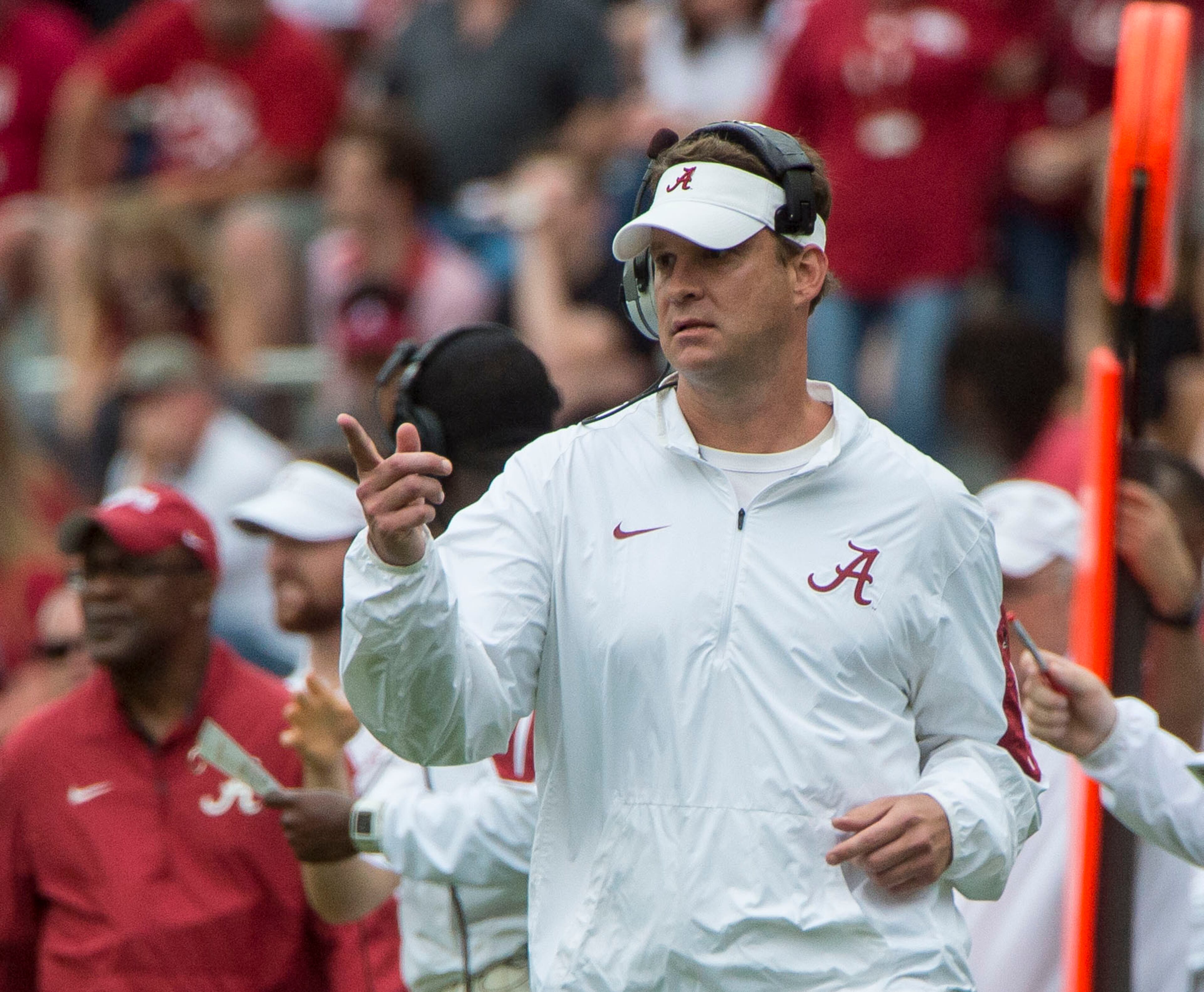 Alabama offensive coordinator Lane Kiffin signals in during the second half of the NCAA college football team's A-Day spring game, Saturday, April 16, 2016, in Tuscaloosa, Ala. (Vasha Hunt/AL.com via AP)