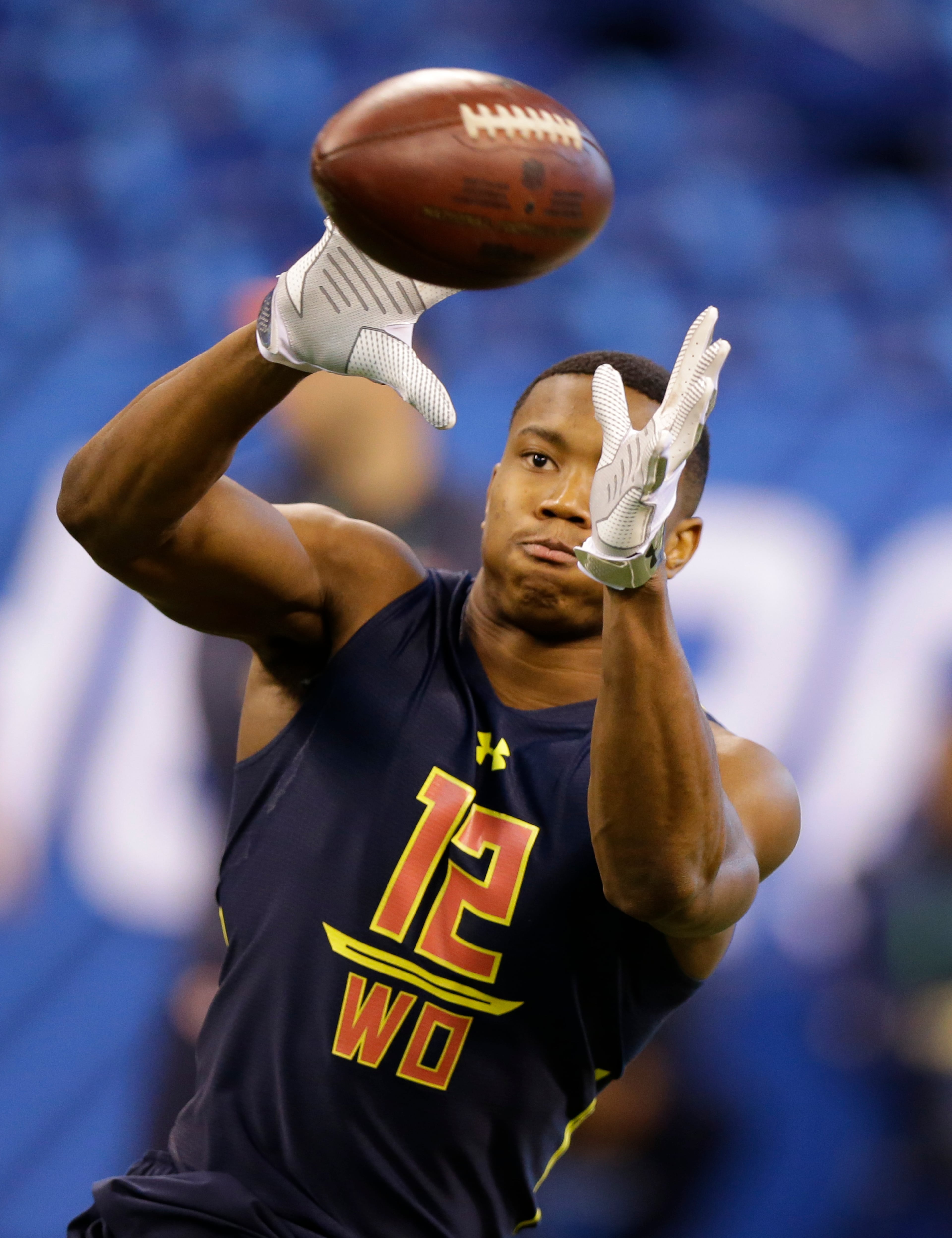 Georgia State wide receiver Robert Davis makes a catch as he run a drill at the NFL football scouting combine in Indianapolis, Saturday, March 4, 2017. (AP Photo/Michael Conroy)
