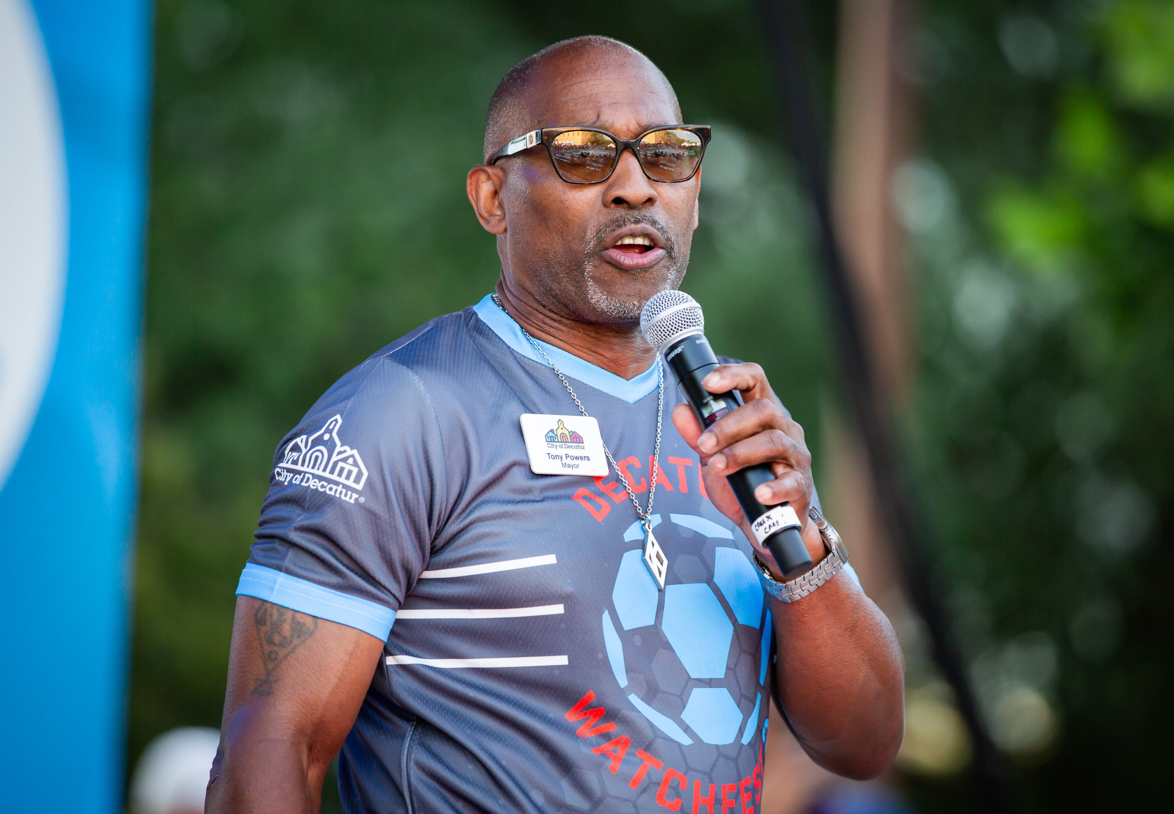 Decatur Mayor Tony Powers introduces Big Boi at Decatur WatchFest '26. (Ryan Fleisher for the AJC)