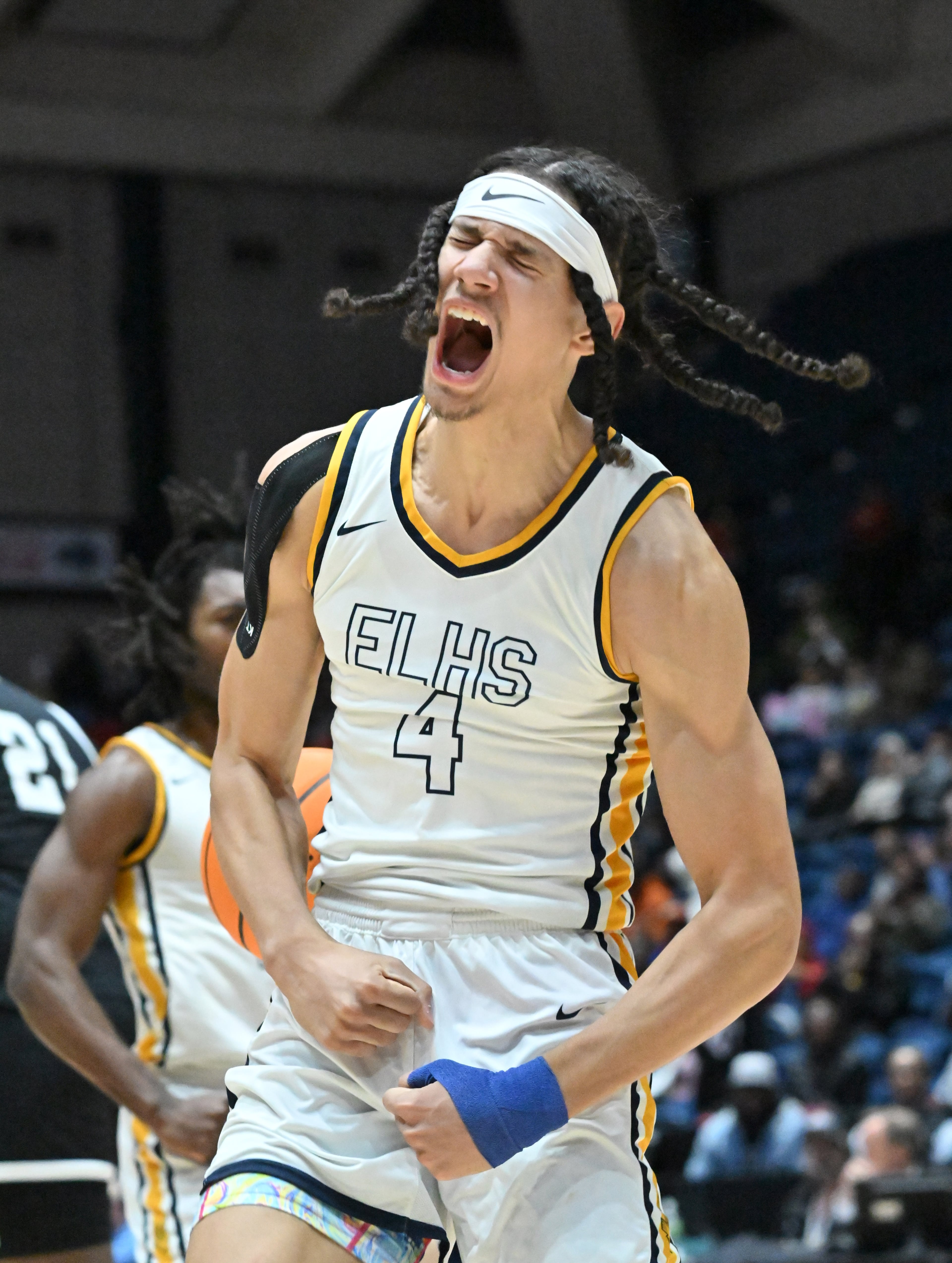 Eagle’s Landing's Kenneth Brayboy reacts after dunking the ball during 2023 GHSA Basketball Class 5A Boy’s State Championship game at the Macon Centreplex, Thursday, March 9, 2023, in Macon, GA. Kell won 61-53 over Eagle's Landing. (Hyosub Shin / Hyosub.Shin@ajc.com)