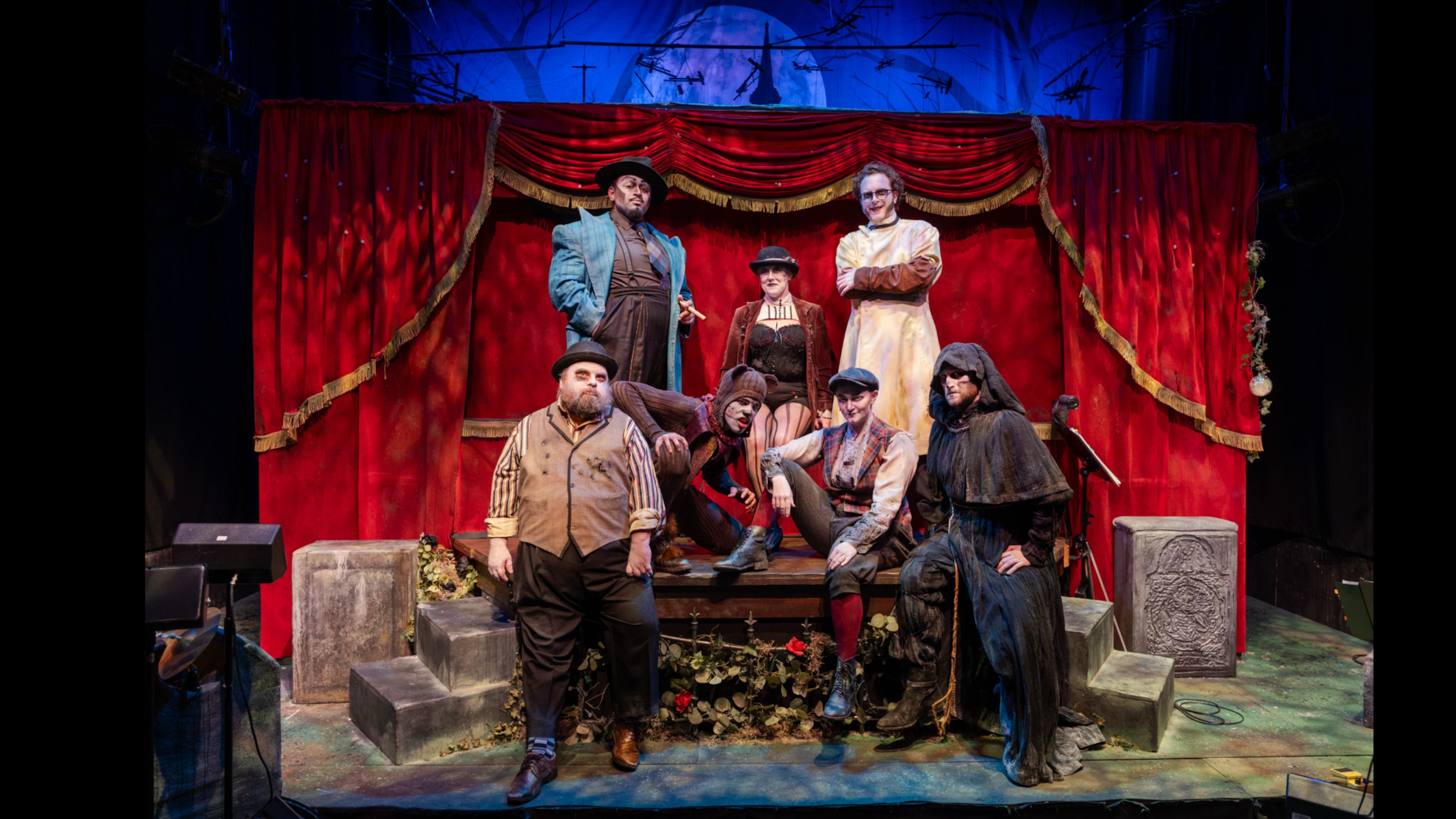 This year’s “Ghastly Dreadfuls” cast at the Center for Puppetry Arts. Back row, from left: Sharply (Greg Hunter); Lady (Reay Maxwell); and Clinically (Ben Shirley). Front row: Frankly (T.T. Mahony), Bearly (Evan Hill Phillips), Penny (Kristin Storla) and Deathly (Jeremy Speed Schwartz). (Courtesy of Center for Puppetry Arts)