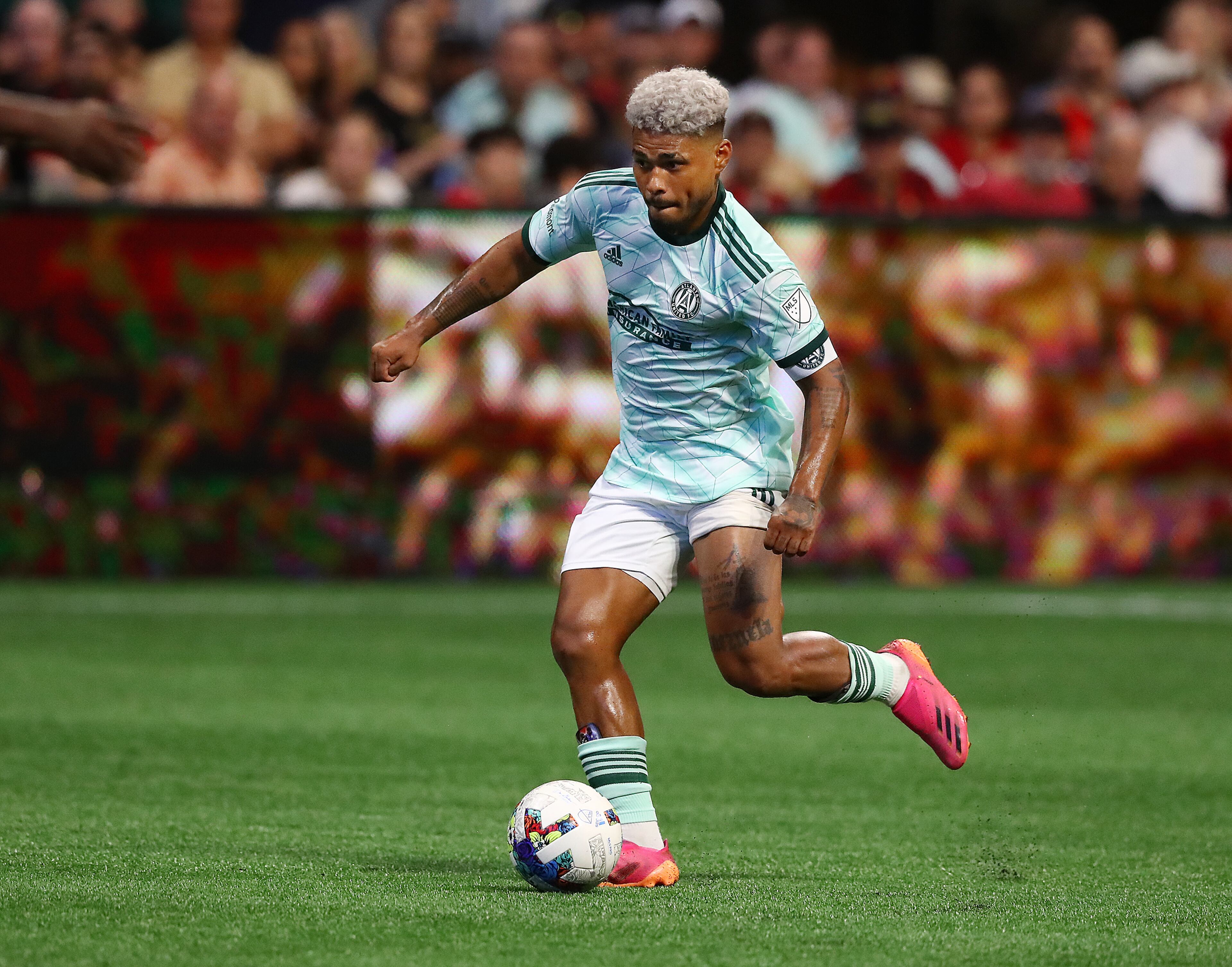 Atlanta United attacker Josef Martinez works against Inter Miami in a MLS soccer match on Sunday, June 19, 2022, in Atlanta. “Curtis Compton / Curtis.Compton@ajc.com”