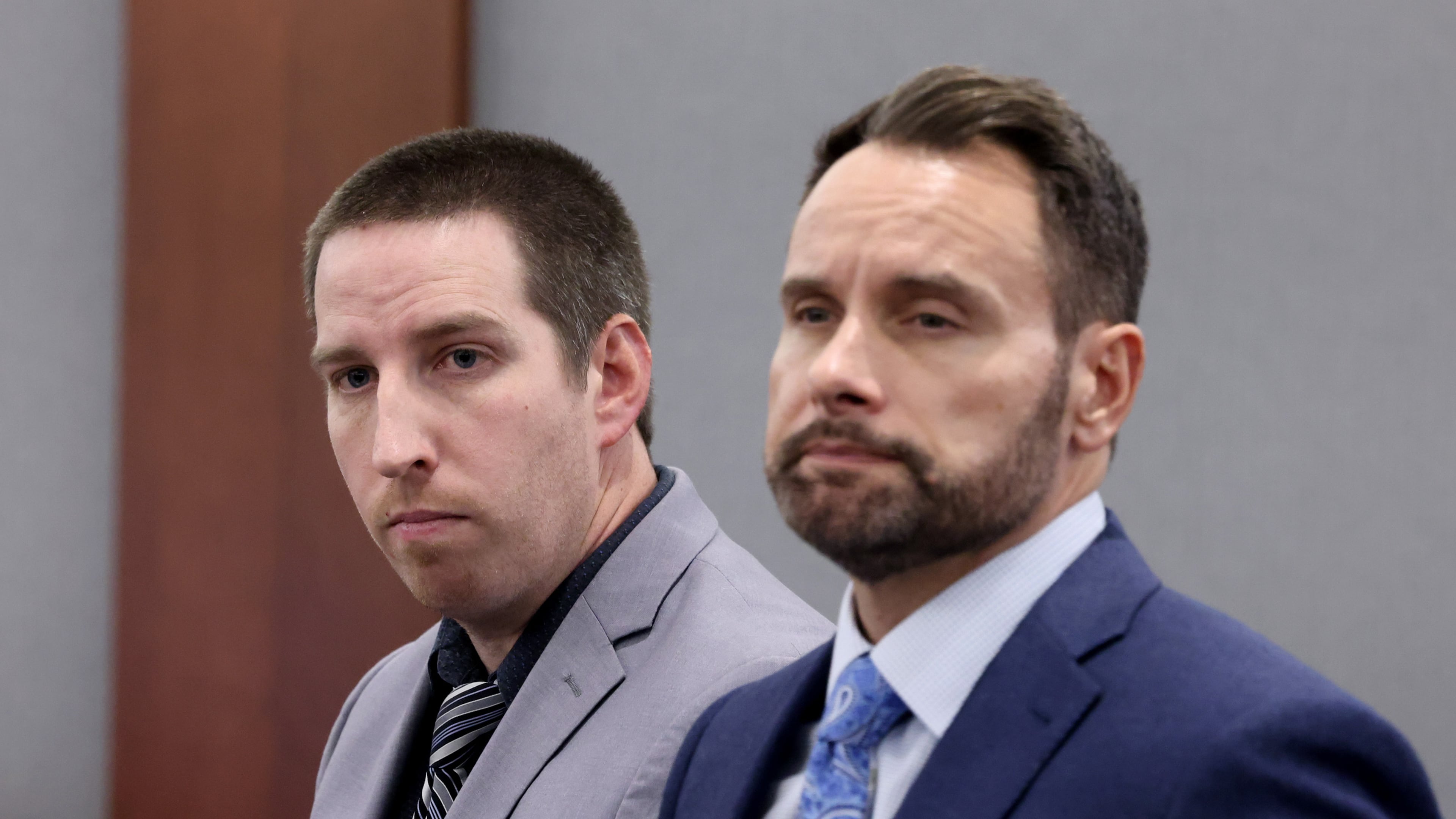 Mitchell Fairbarn, left, appears in court with his attorney Josh Tomsheck, during jury selection for his trial at the Regional Justice Center on Tuesday, Oct. 13, 2026, in Las Vegas. (Bizuayehu Tesfaye/Las Vegas Review-Journal via AP)