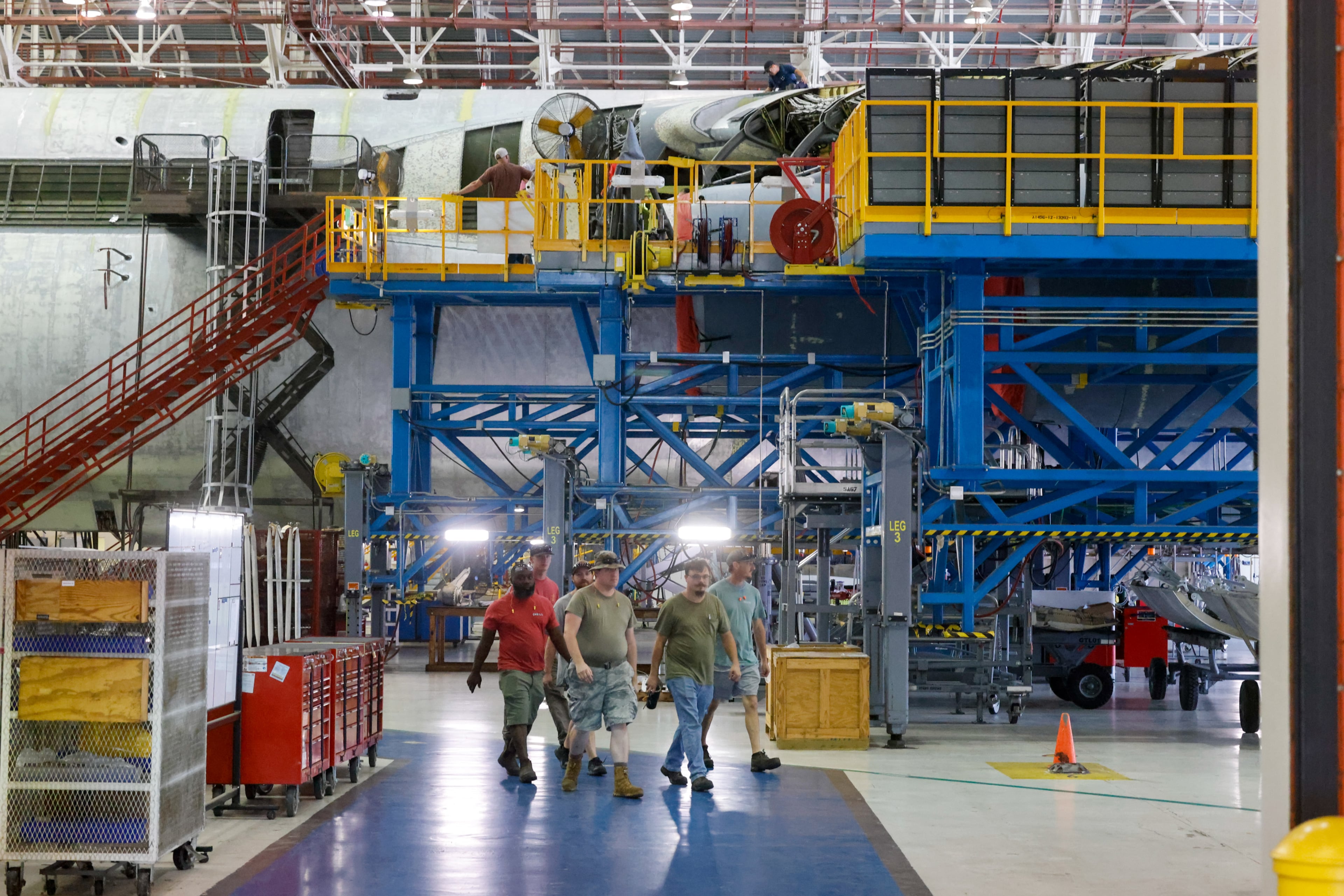 A C-5 aircraft is under repair at a hangar in Robins Air Force Base in Houston County on Friday, Aug. 21, 2026. (Arvin Temkar/AJC)