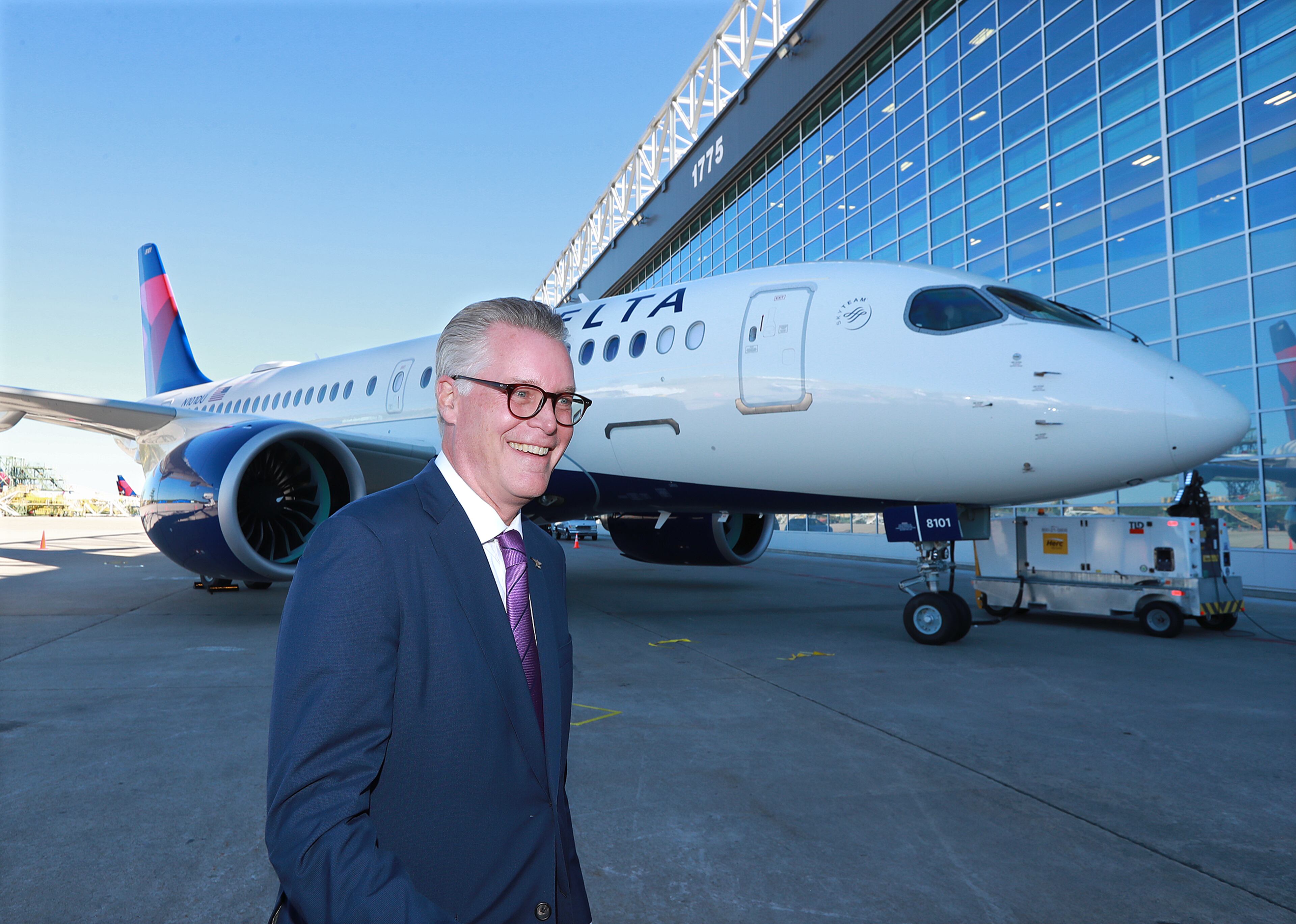 October 29, 2018 Atlanta: Delta CEO Ed Bastian arrives to unveil the new A220 aircraft while celebrating the 10-year anniversary of merging with Northwest at the Delta Air Lines TechOps on Monday, Oct 29, 2018, in Atlanta. The aircraft features 109 seats total, including seating for 12 in First Class, 15 in Delta Comfort, plus 82 in the main cabin. Innovations include high-capcity overhead bins, extra-large windows and full-spectrum LED ambient lighting. Curtis Compton/ccompton@ajc.com