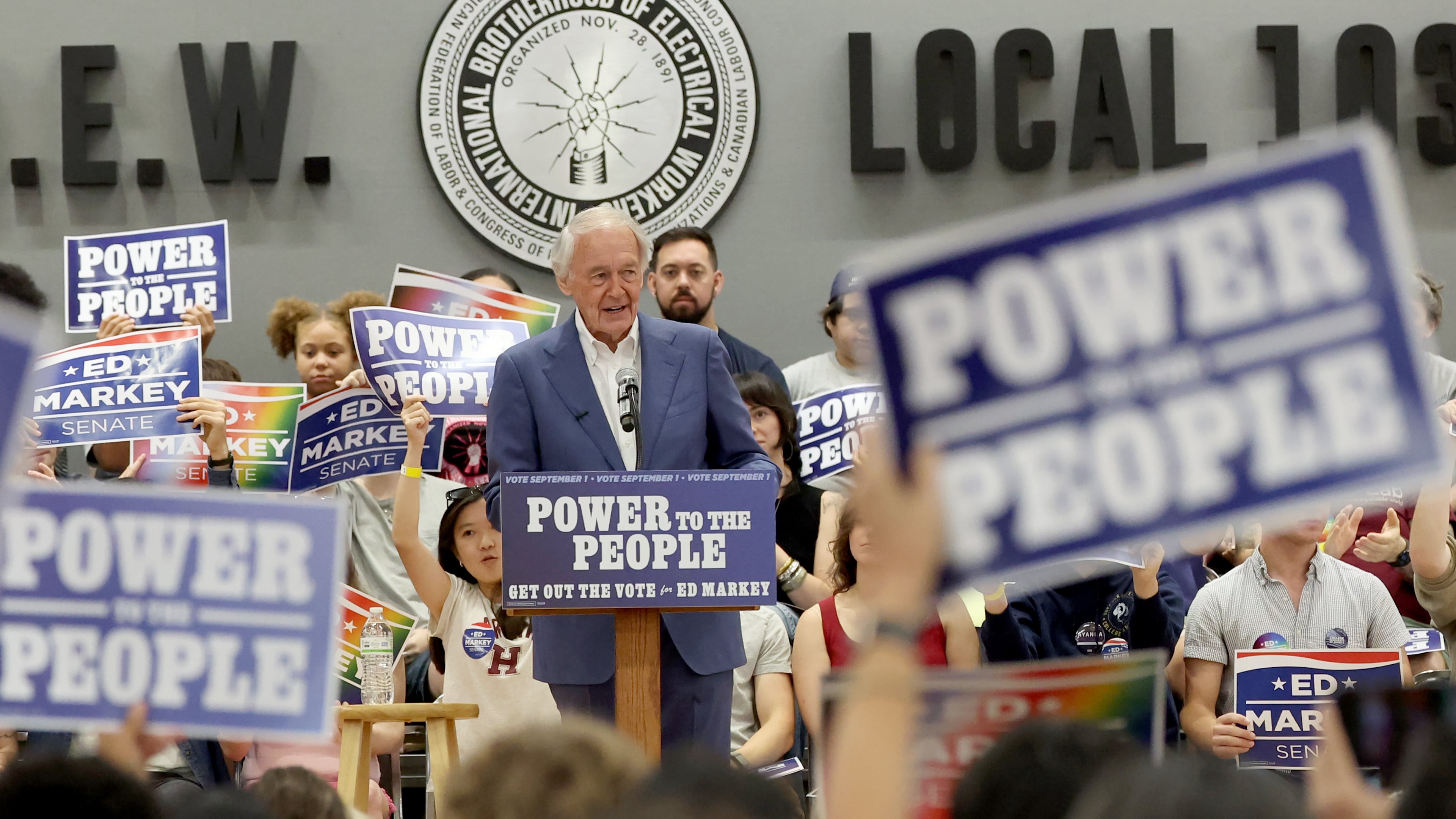 Sen. Ed Markey speaks during a Get Out the Vote event supporting Markey, Saturday, Aug. 29, 2026 in Boston. (AP Photo/Mark Stockwell)