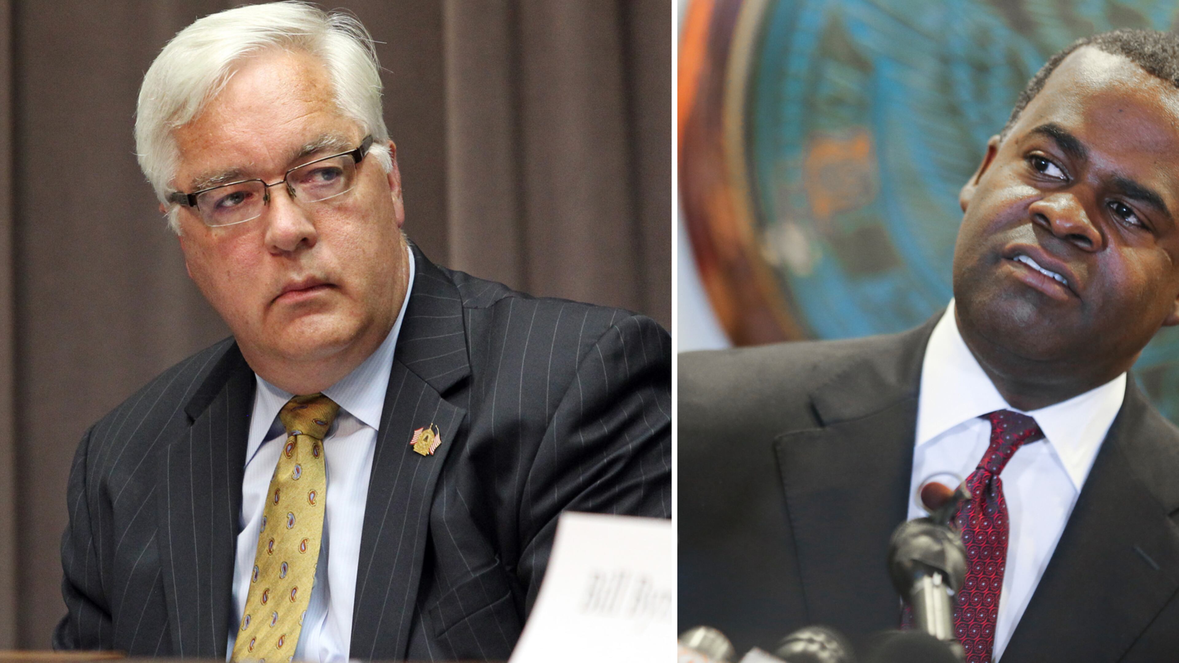 Atlanta Mayor Kasim Reed (right) says the public’s commitment to the project in Cobb is $450 million, or two-thirds of the project’s overall cost, and that he learned the number from someone in the negotiations. Cobb County Commission Chairman Tim Lee (left) and the Braves have said that figure is inaccurate, while still refusing to comment on the amount.