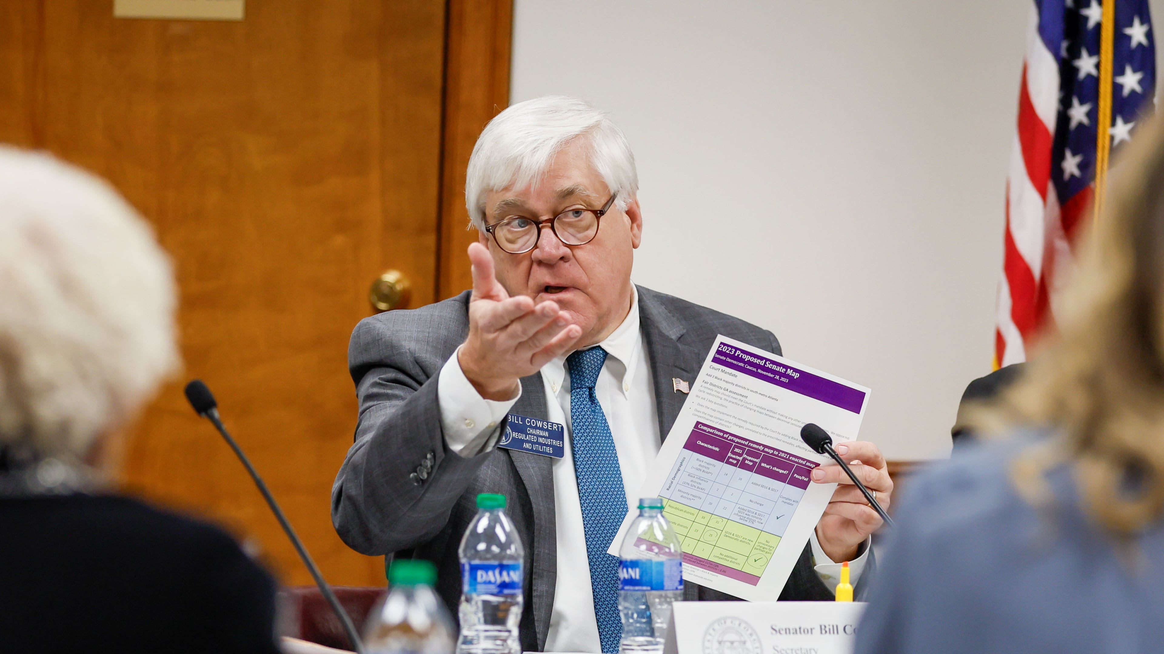 Majority Caucus Chair Sen. Bill Cowsert (Athens) debates with Minority Leader Sen. Gloria Butler and Sen. Elena Parent during the second day of the Special Legislature Session of the Reapportionment and Redistricting Committee meeting on Thursday, Nov. 30, 2023. Forced by a federal judge to redraw Georgia’s political boundaries, state Republicans are using the special legislative session to go on offense. (Miguel Martinez /miguel.martinezjimenez@ajc.com)
