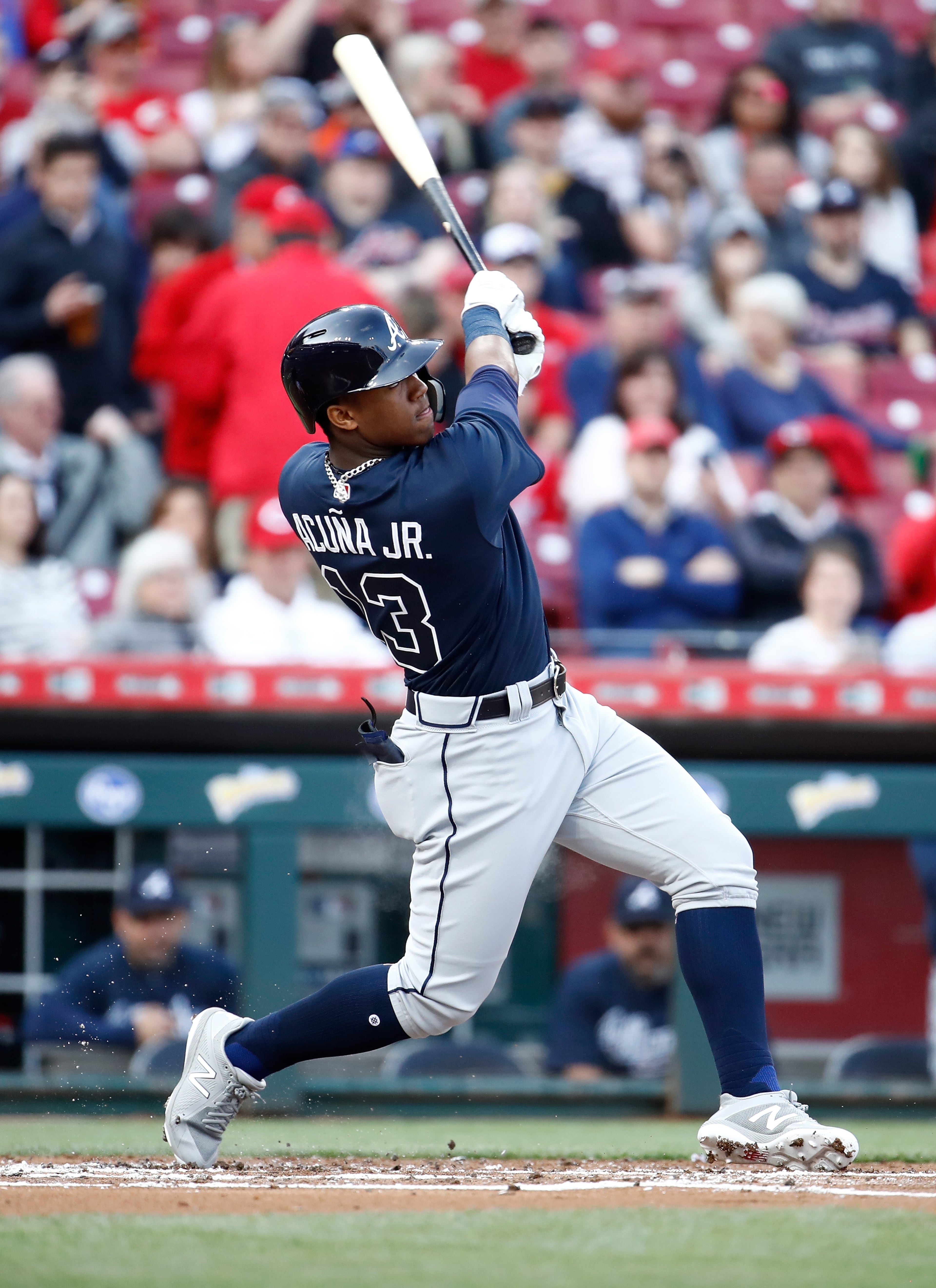CINCINNATI, OH - APRIL 25: Ronald Acuna #13 of the Atlanta Braves flies out in his first MLB at bat against the Cincinnati Reds at Great American Ball Park on April 25, 2018 in Cincinnati, Ohio. (Photo by Andy Lyons/Getty Images)
