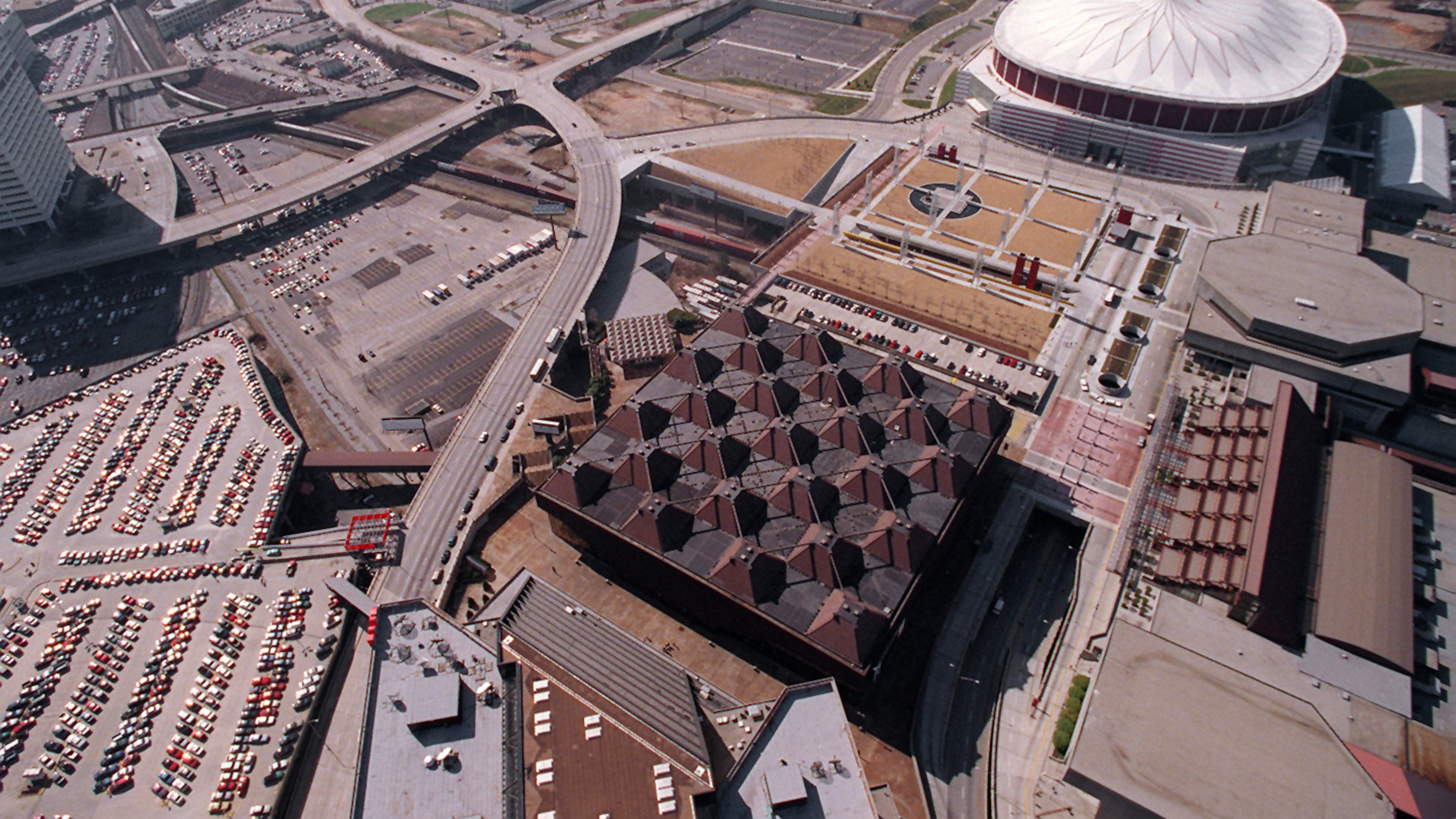 An aerial photo of the Omni and the Georgia Dome in 1997.