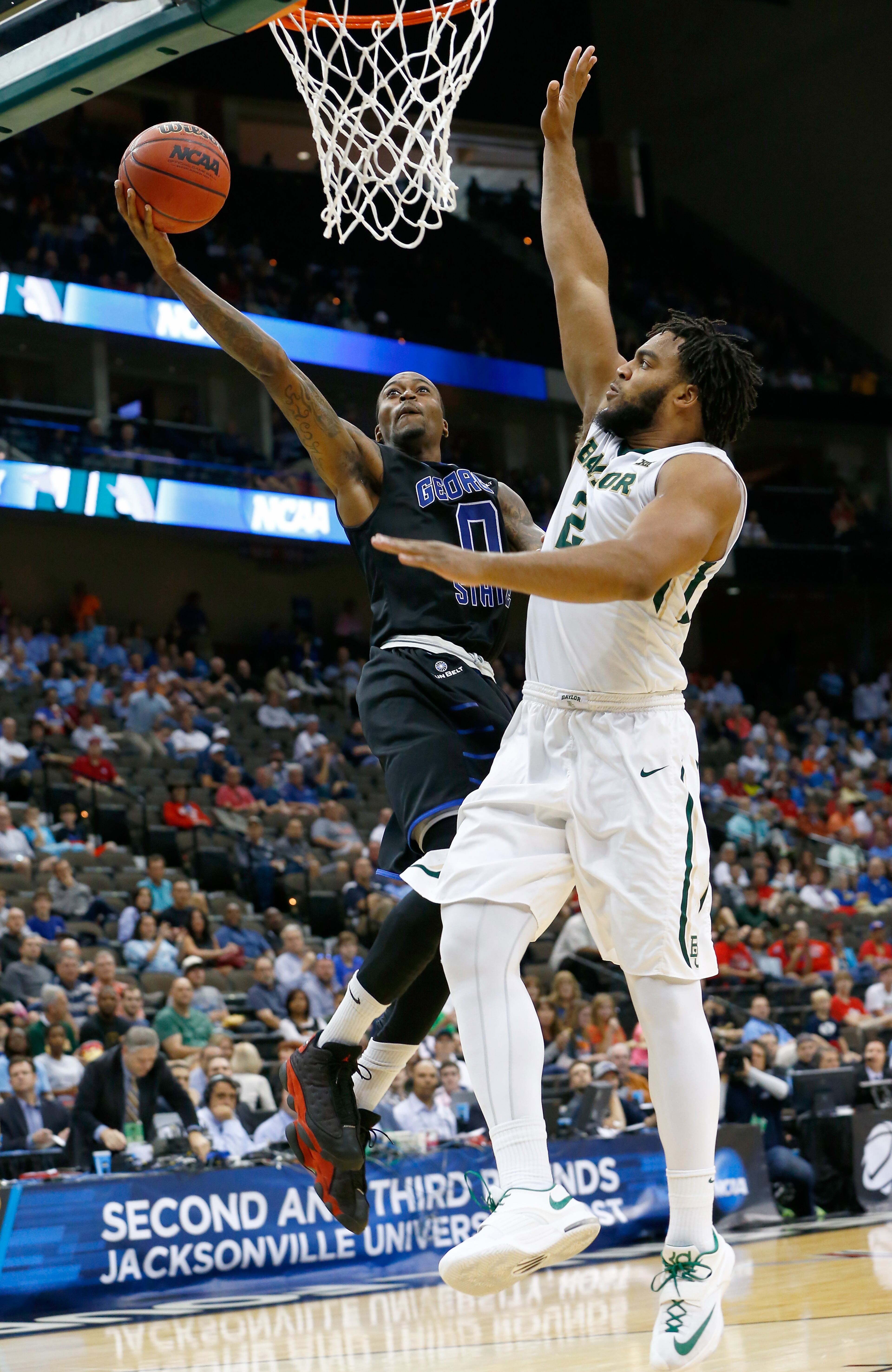 Kevin Ware #0 of the Georgia State Panthers goes up for a shot against Rico Gathers #2 of the Baylor Bears during the second round of the 2015 NCAA Men's Basketball Tournament at Jacksonville Veterans Memorial Arena on March 19, 2015 in Jacksonville, Florida. (Photo by Kevin C. Cox/Getty Images)
