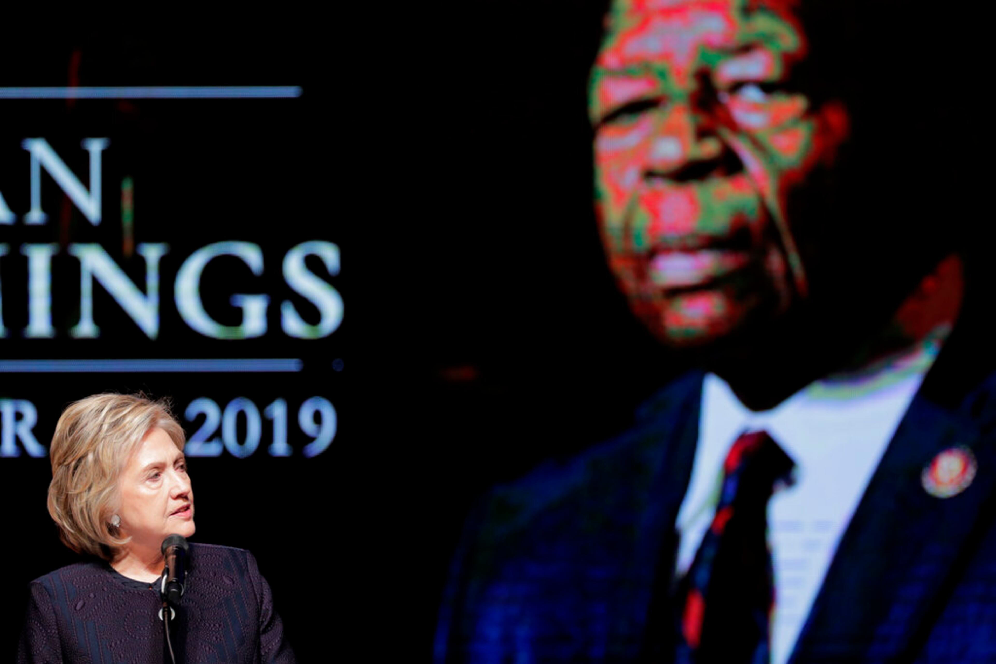 Former Secretary of State Hillary Clinton speaks during funeral services for Rep. Elijah Cummings, Friday, Oct. 25, 2019, in Baltimore. The Maryland congressman and civil rights champion died Thursday, Oct. 17, at age 68 of complications from long-standing health issues. (AP Photo/Julio Cortez, Pool)