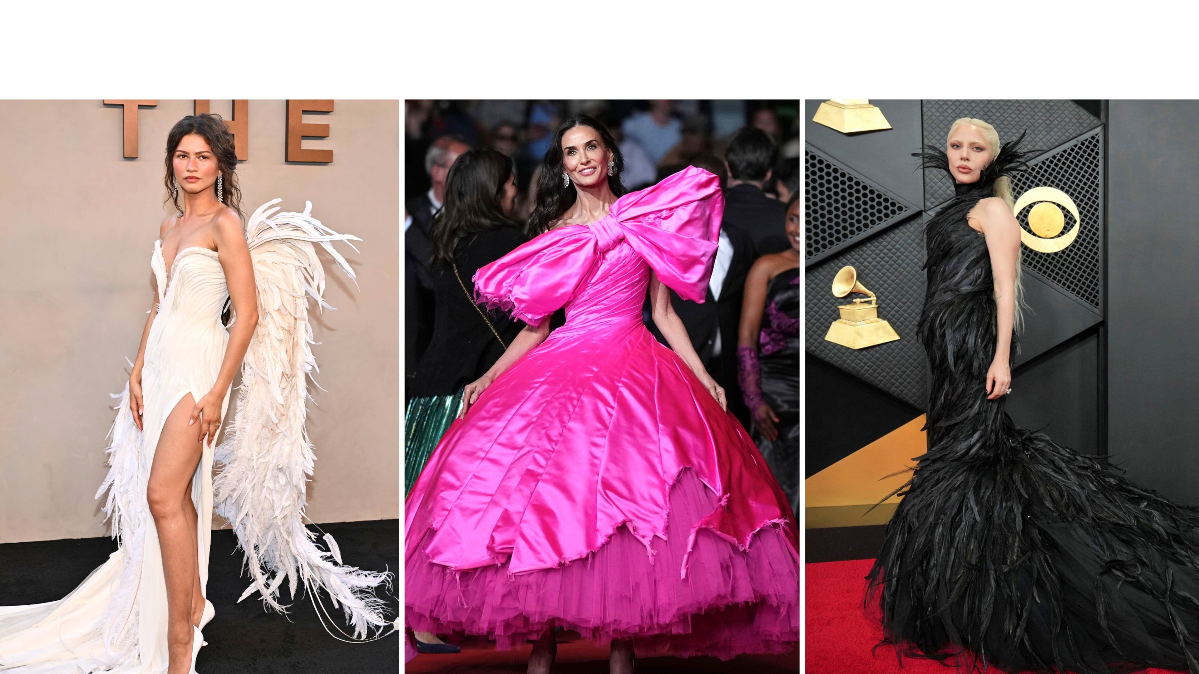 This combination of images show, from left, Zendaya at "The Odyssey" premiere in New York on July 14, 2026, Demi Moore at the 79th international film festival, Cannes, southern France, on May 16, 2026, and Lady Gaga at the 68th annual Grammy Awards in Los Angeles on Feb. 1, 2026. (AP Photo)