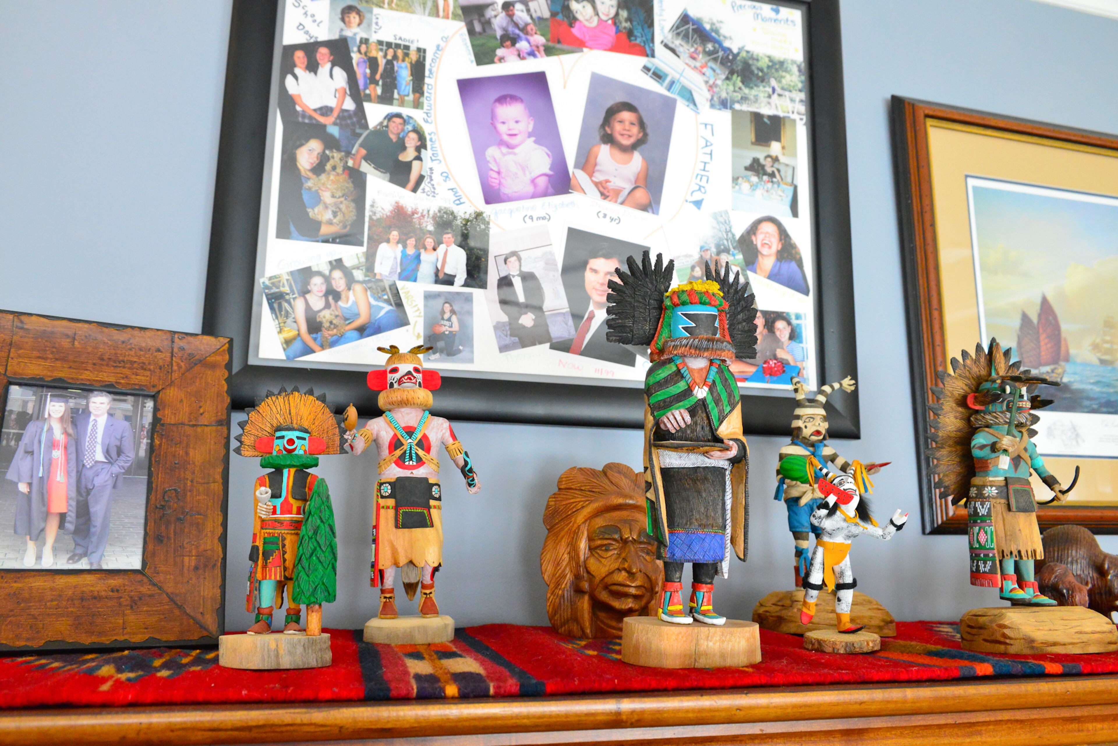 Colorful collections in Jim and Gloria Boone's Druid Hills home include Southwest art objects such as Kachina dolls; other items include Navajo rugs and baskets.