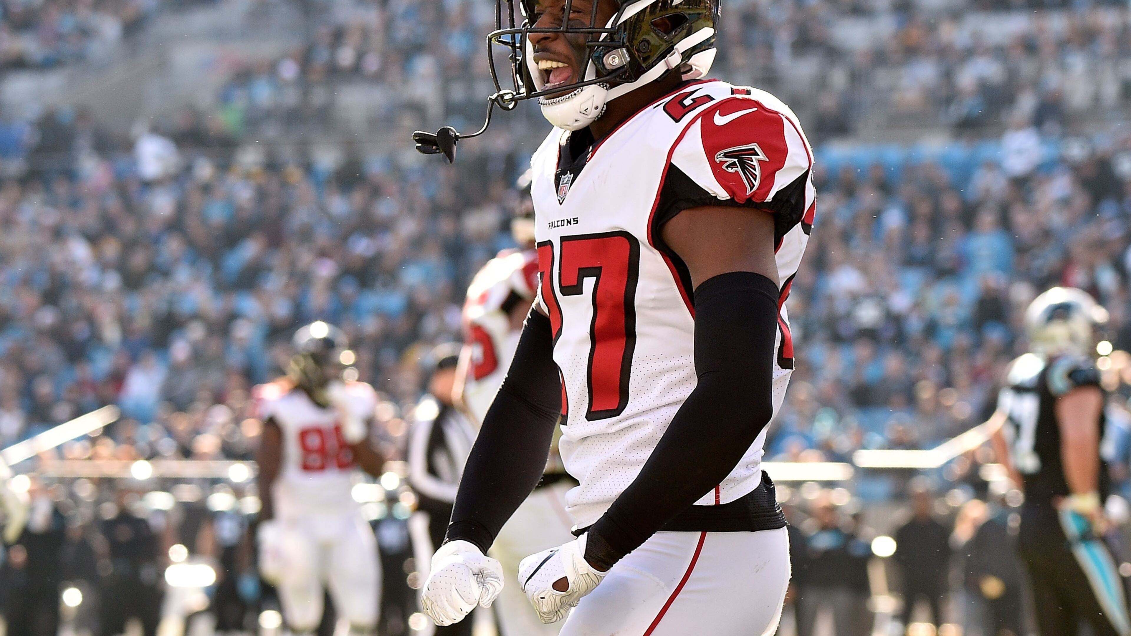 Falcons’ Damontae Kazee reacts after a play against the Carolina Panthers Dec. 23, 2018, at Bank of America Stadium in Charlotte, N.C.