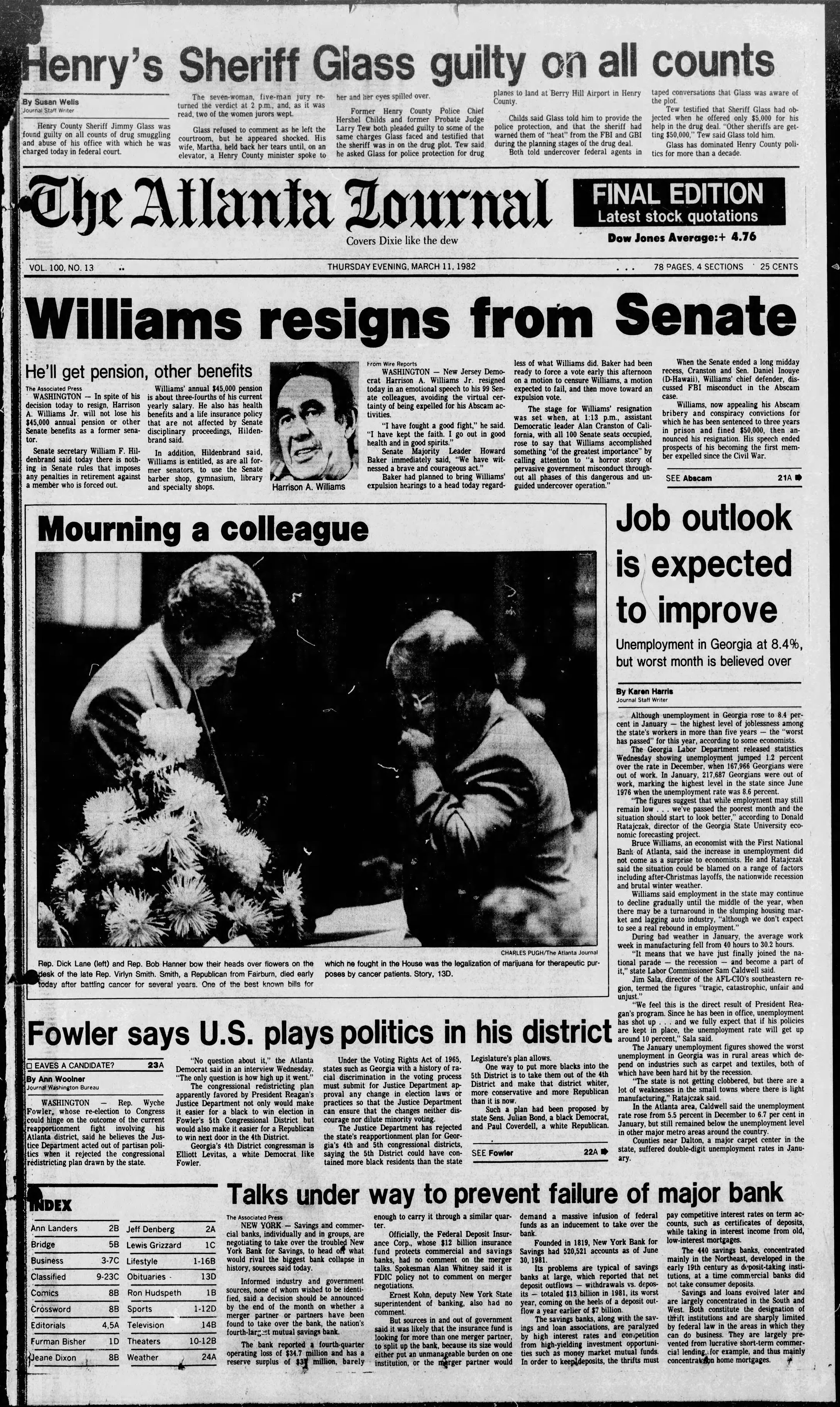 The Atlanta Journal front page on March 11, 1982.