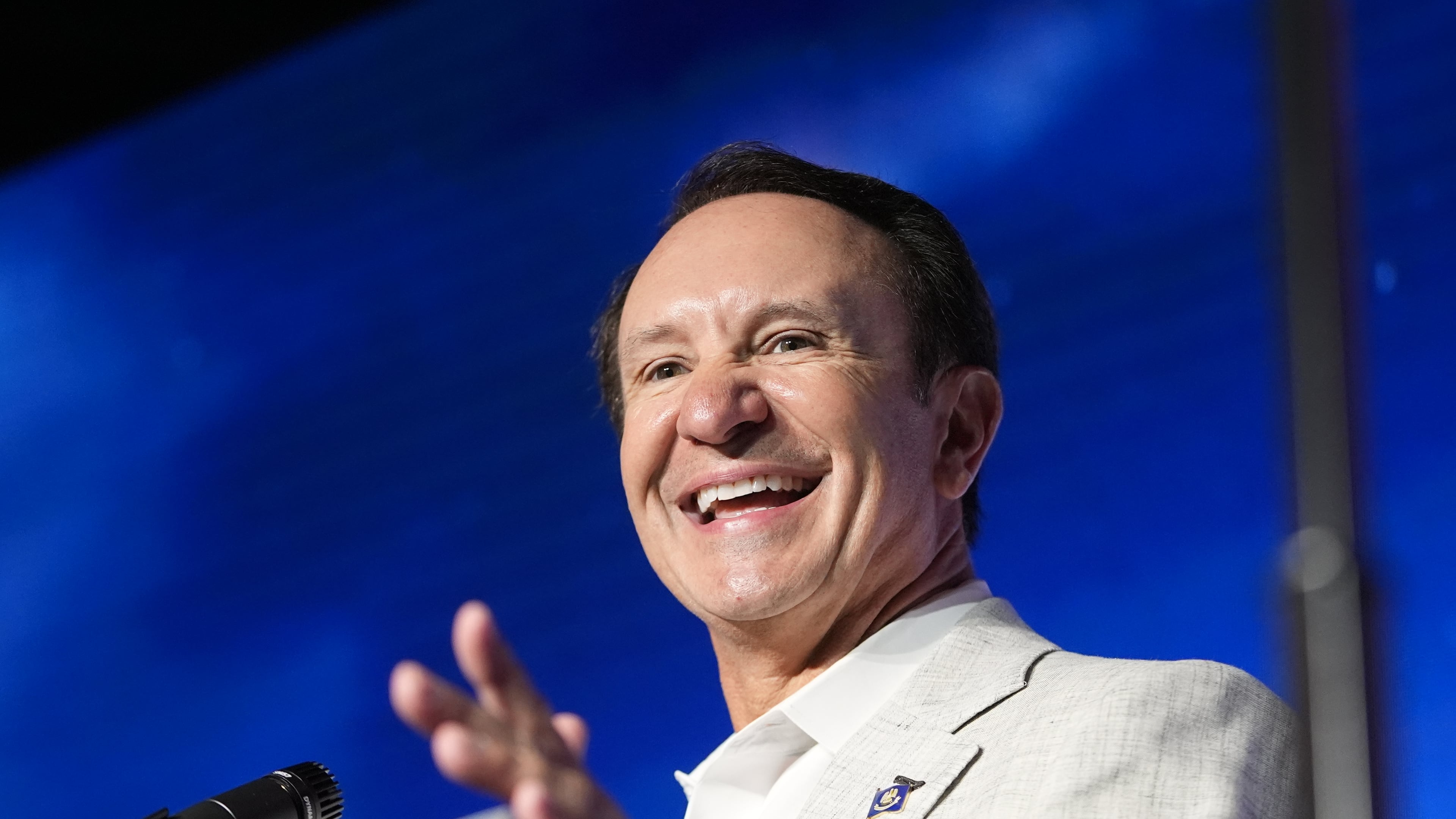 Louisiana Gov. Jeff Landry speaks during an event with SpaceX announcing a deal to build a new spaceport in his state, Tuesday, Aug. 25, 2026, in Abbeville, La. (AP Photo/Gerald Herbert)