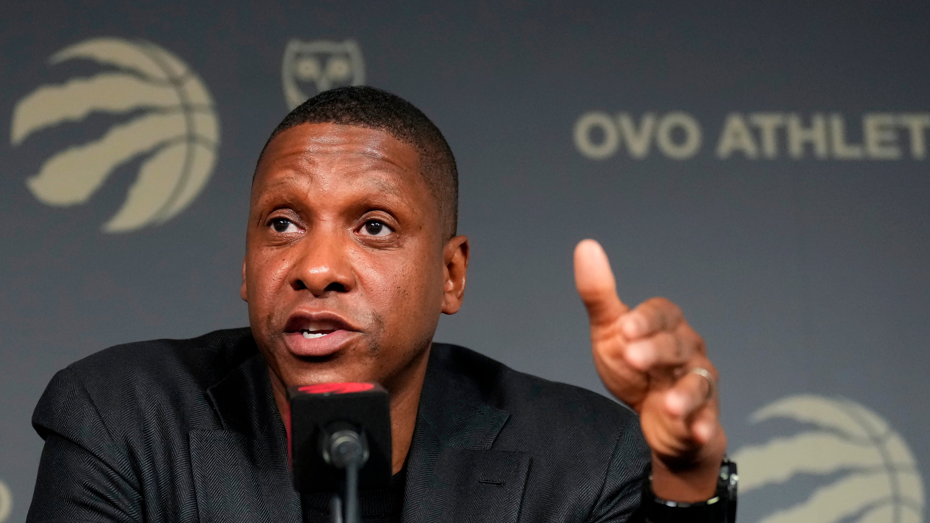 FILE - Toronto Raptors NBA basketball team President Masai Ujiri speaks to the media regarding the recent trades in Toronto, Jan. 18, 2024. (Nathan Denette/The Canadian Press via AP, file)