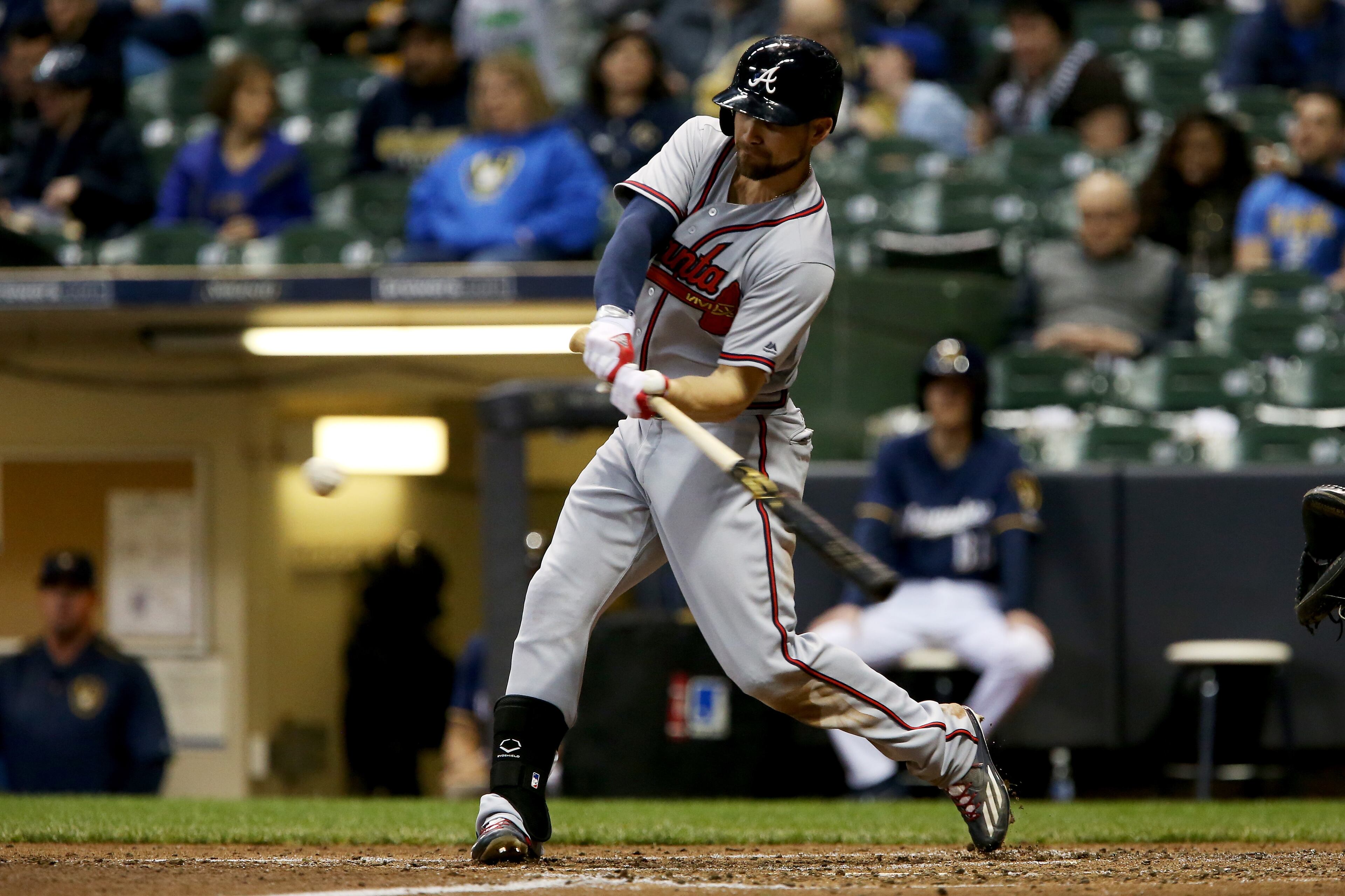MILWAUKEE, WI - APRIL 29: Ender Inciarte #11 of the Atlanta Braves hits a double in the fifth inning against the Milwaukee Brewers at Miller Park on April 29, 2017 in Milwaukee, Wisconsin. (Photo by Dylan Buell/Getty Images)