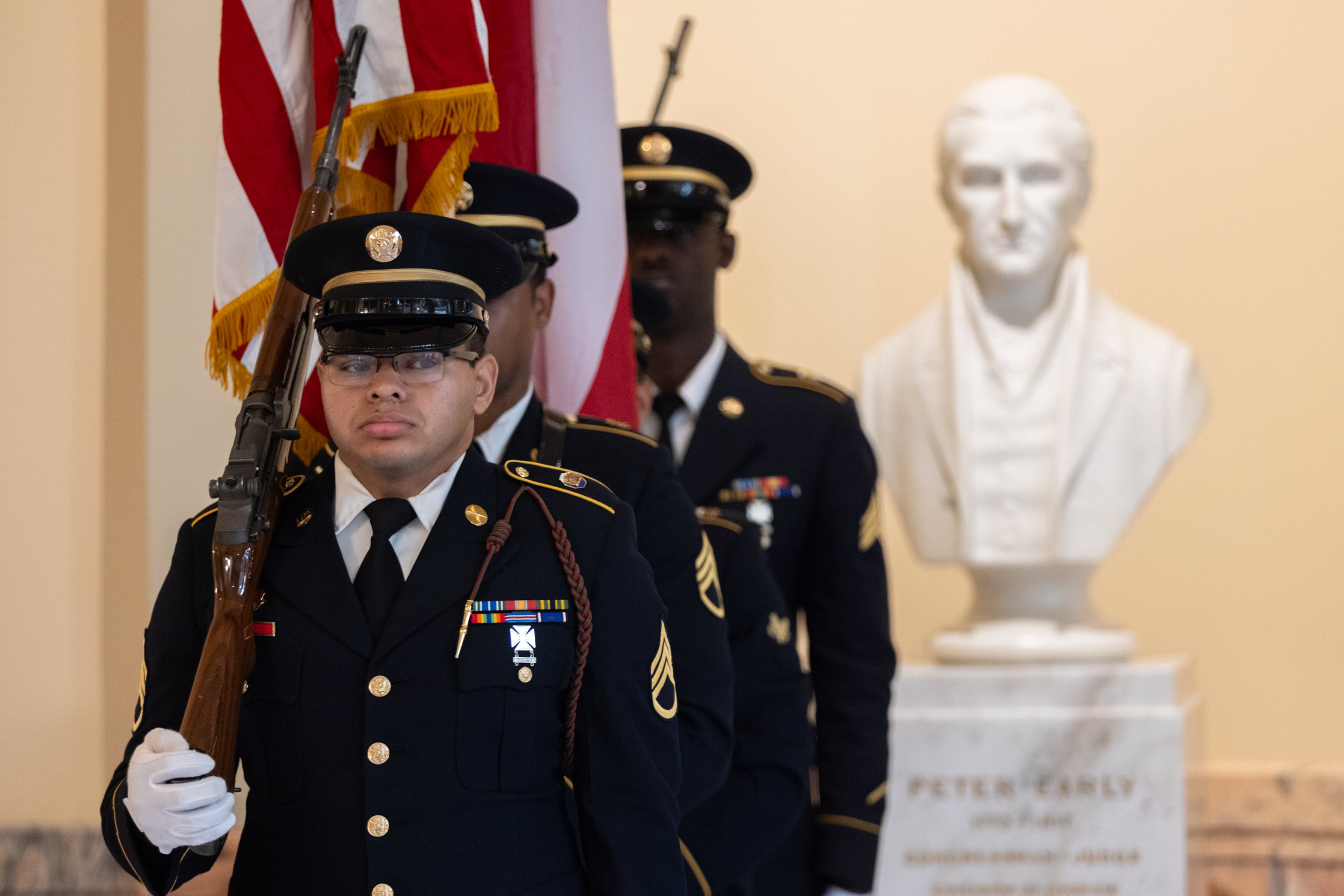 Members of the Georgia National Guard Honor Guard stand in formation for a Memorial Day ceremony at the Capitol in Atlanta on Wednesday, May 21, 2025. (Arvin Temkar / AJC)