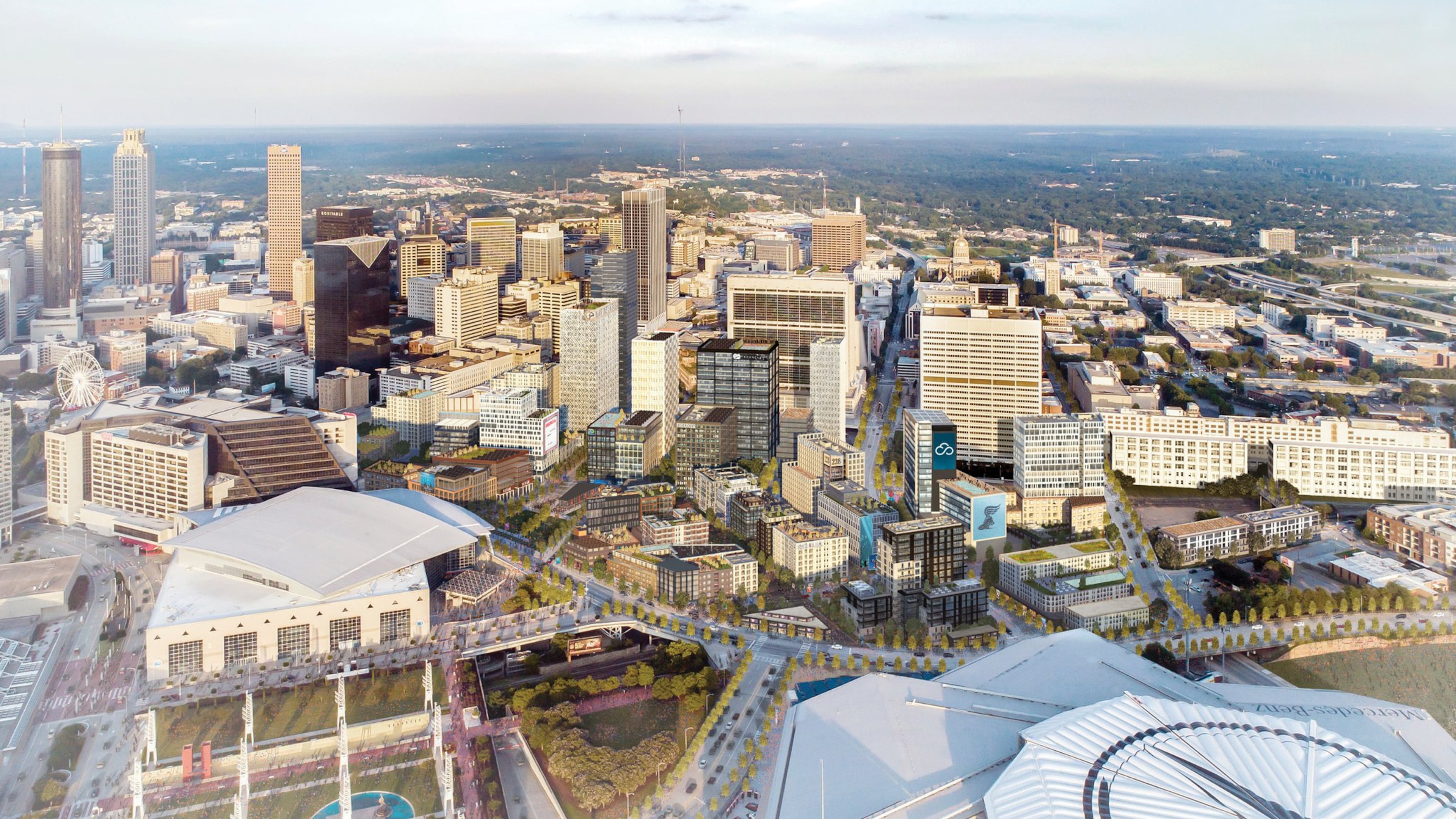 A rendering from developer CIM Group shows the California-based company’s vision for downtown Atlanta’s Gulch, stretching from Mercedes-Benz Stadium, right, to the Five Points MARTA station.