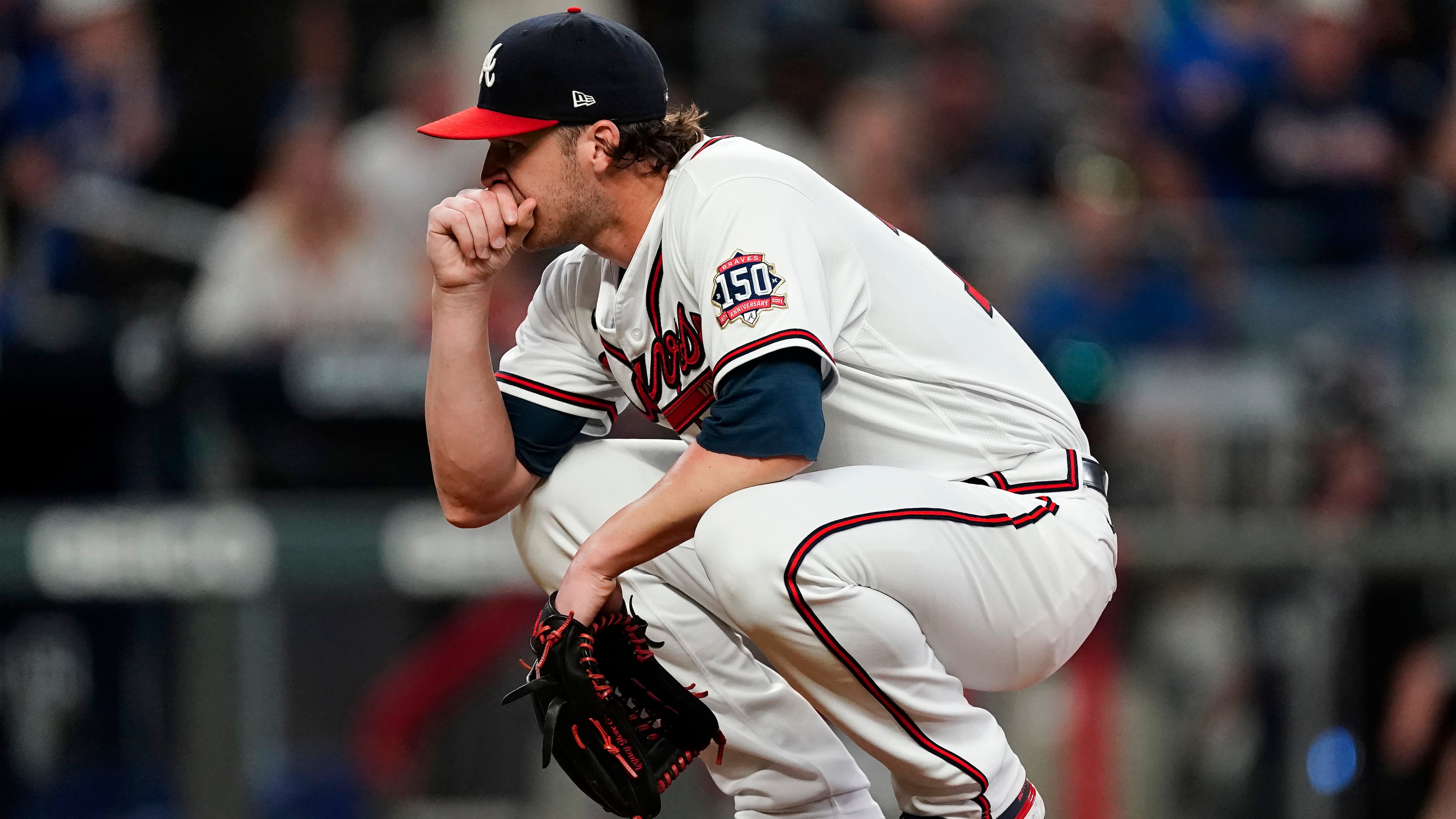 Braves relief pitcher Jacob Webb reacts after hitting New York Mets' Kevin Pillar with a pitch in the seventh inning of a baseball game Monday, May 17, 2021, at Truist Park in Atlanta. (John Bazemore/AP)