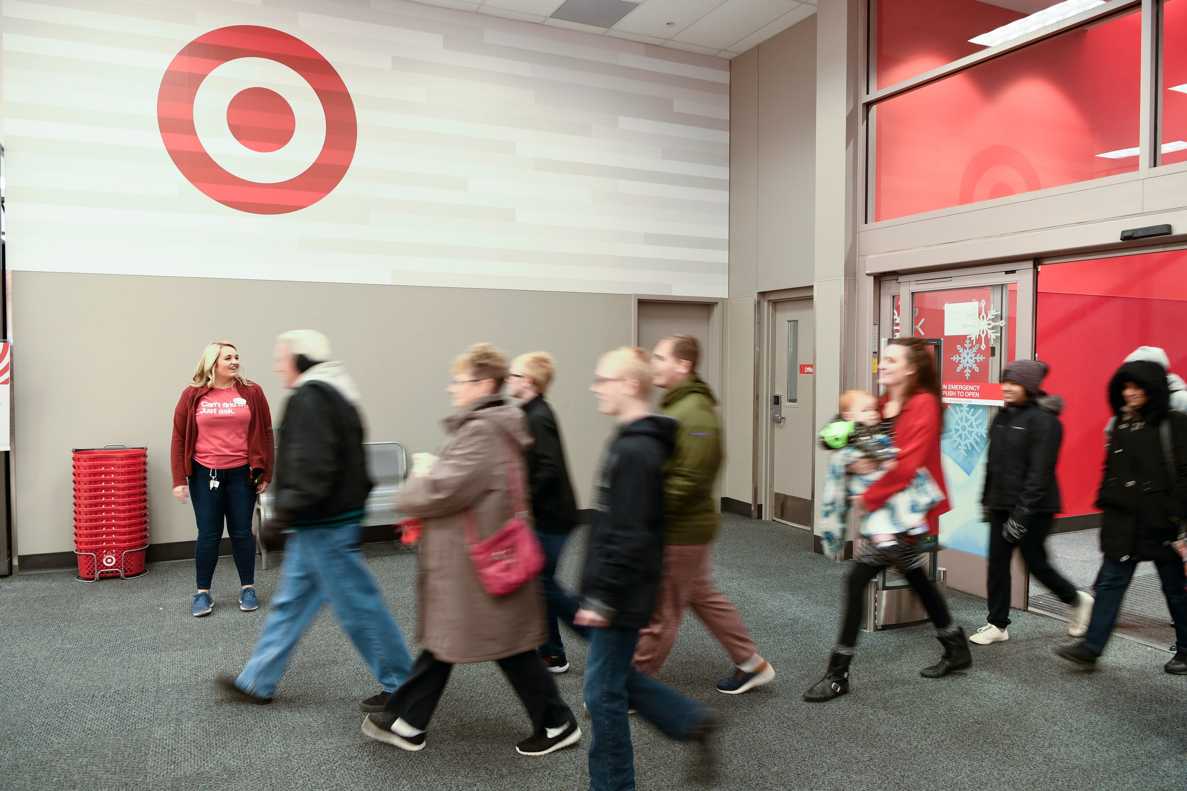 IMAGE DISTRIBUTED FOR TARGET - Guests enter Target to take advantage of Target's Black Friday deals and doorbusters on Thursday, Nov. 22, 2018 in Maple Grove, Minnesota. (Craig Lassig/AP Images for Target)