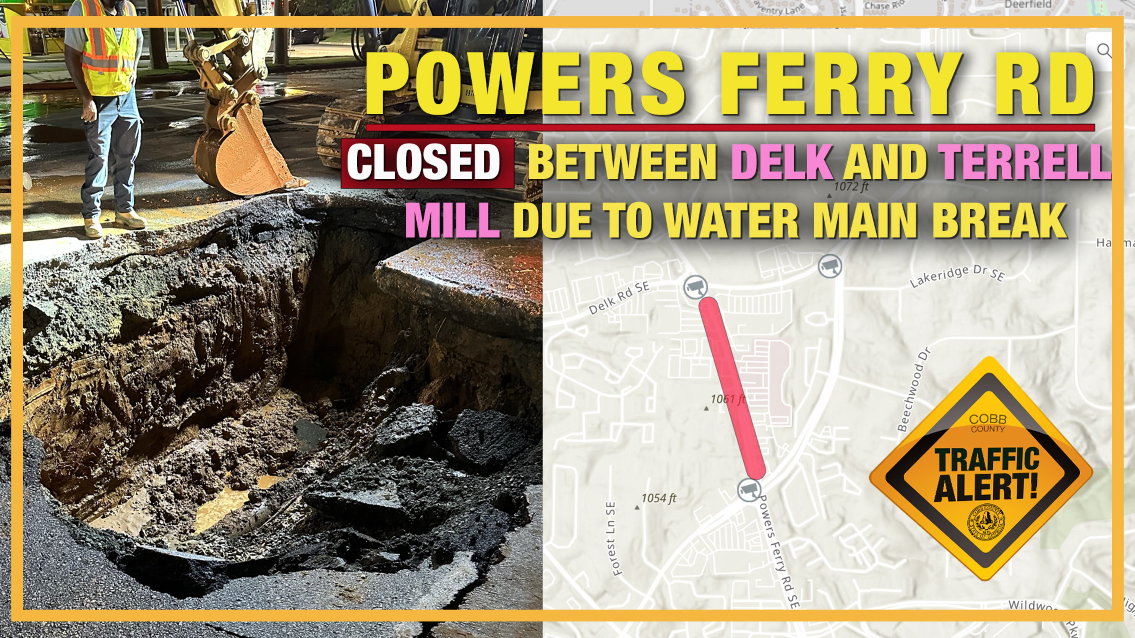 Cobb County has closed Powers Ferry Road due to a "significant" water main break on Wednesday, July 19, 2023. Cobb County